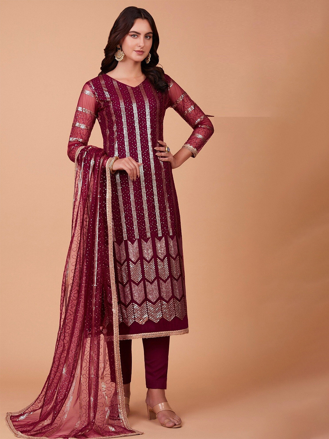 

Fashion Basket Embroidered Semi-Stitched Dress Material, Red