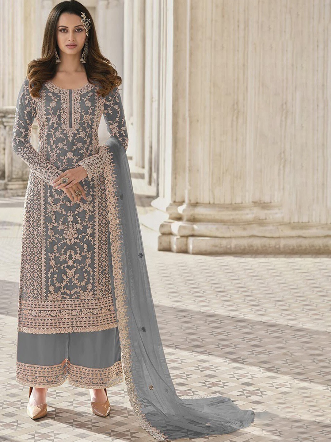 

Fashion Basket Embroidered Semi-Stitched Dress Material, Grey