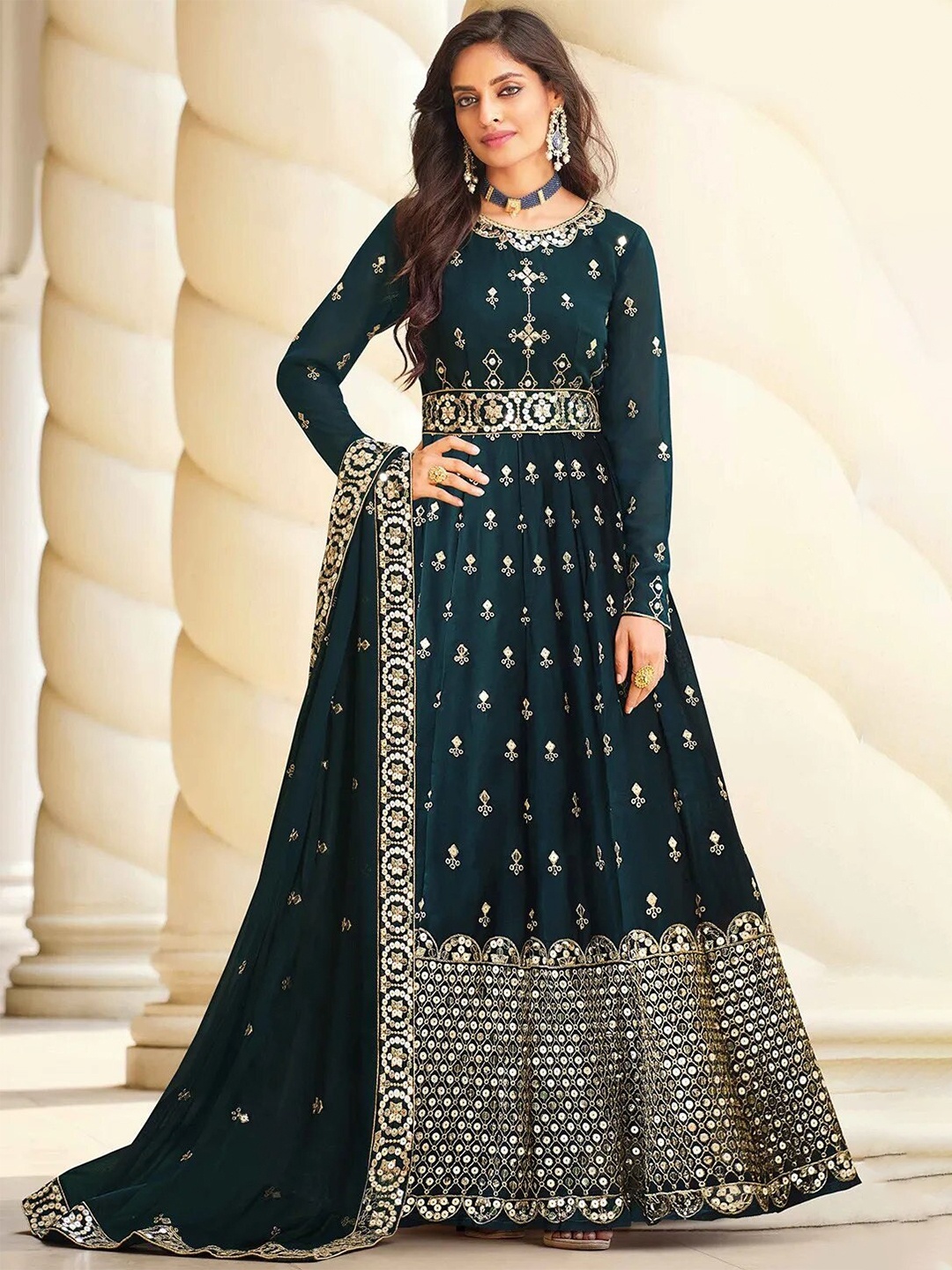 

Fashion Basket Embroidered Semi-Stitched Dress Material, Turquoise blue