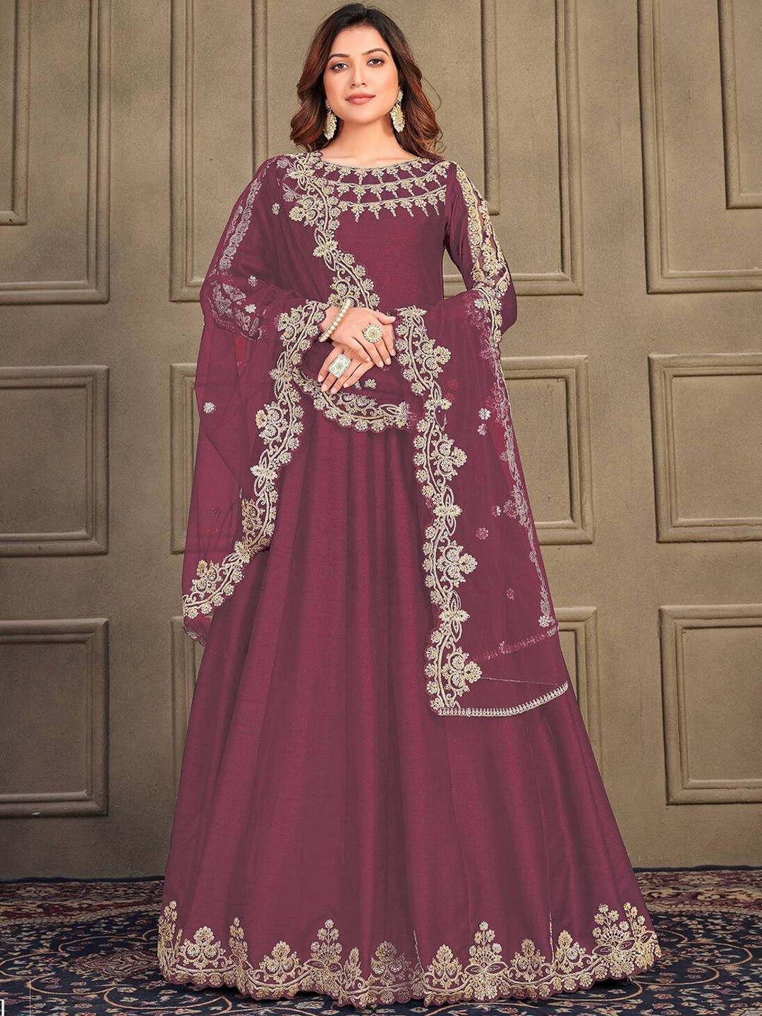 

Fashion Basket Embroidered Pure Silk Semi-Stitched Dress Material, Purple