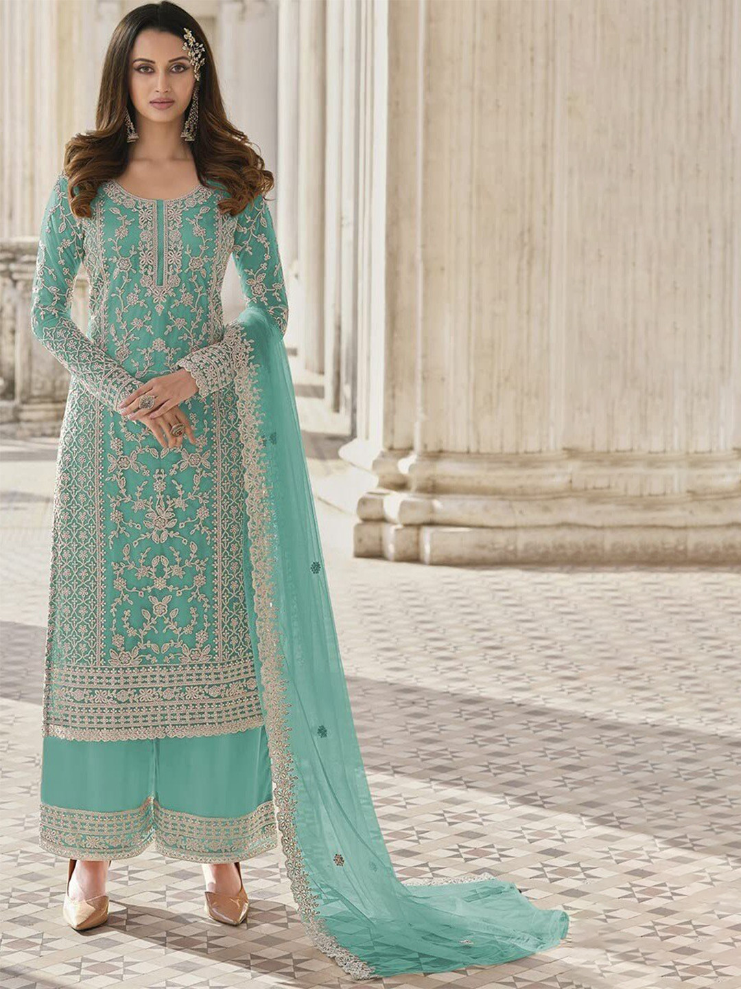 

Fashion Basket Embroidered Semi-Stitched Dress Material, Blue