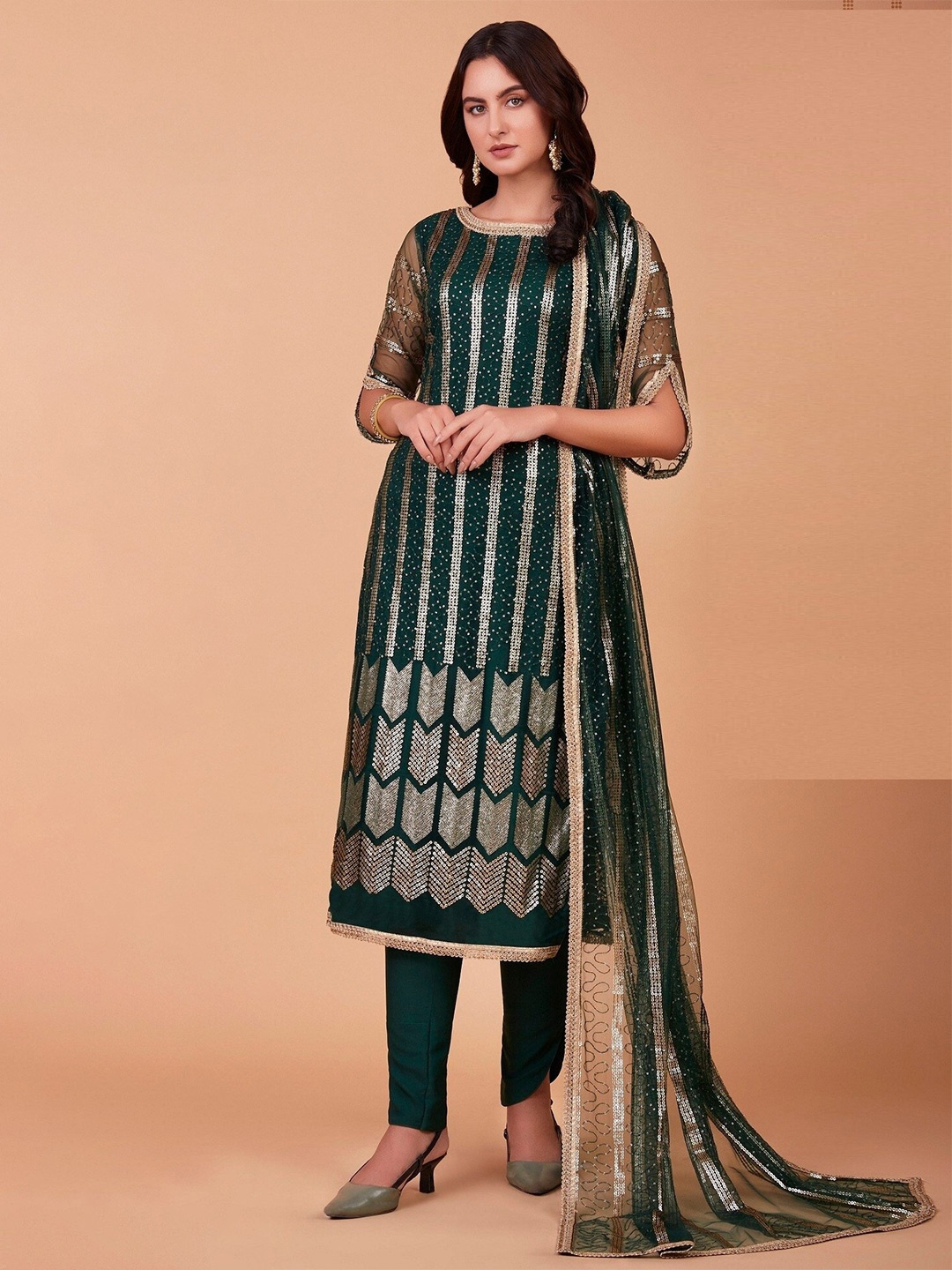 

Fashion Basket Embroidered Semi-Stitched Dress Material, Green