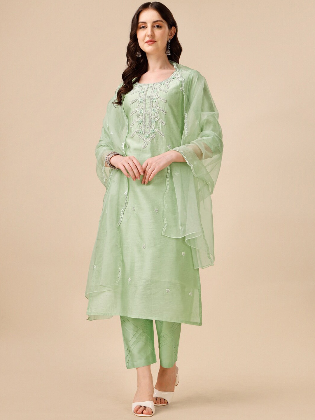 

Berrylicious Floral Embroidered Chanderi Cotton Kurta With Trousers & Dupatta, Green