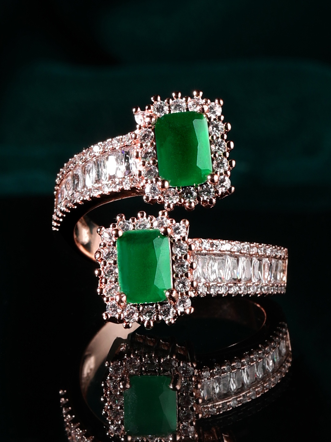 

Rubans 18K Rose Gold-Plated Emerald Green & Cubic Zirconia Studded Adjustable Finger Ring