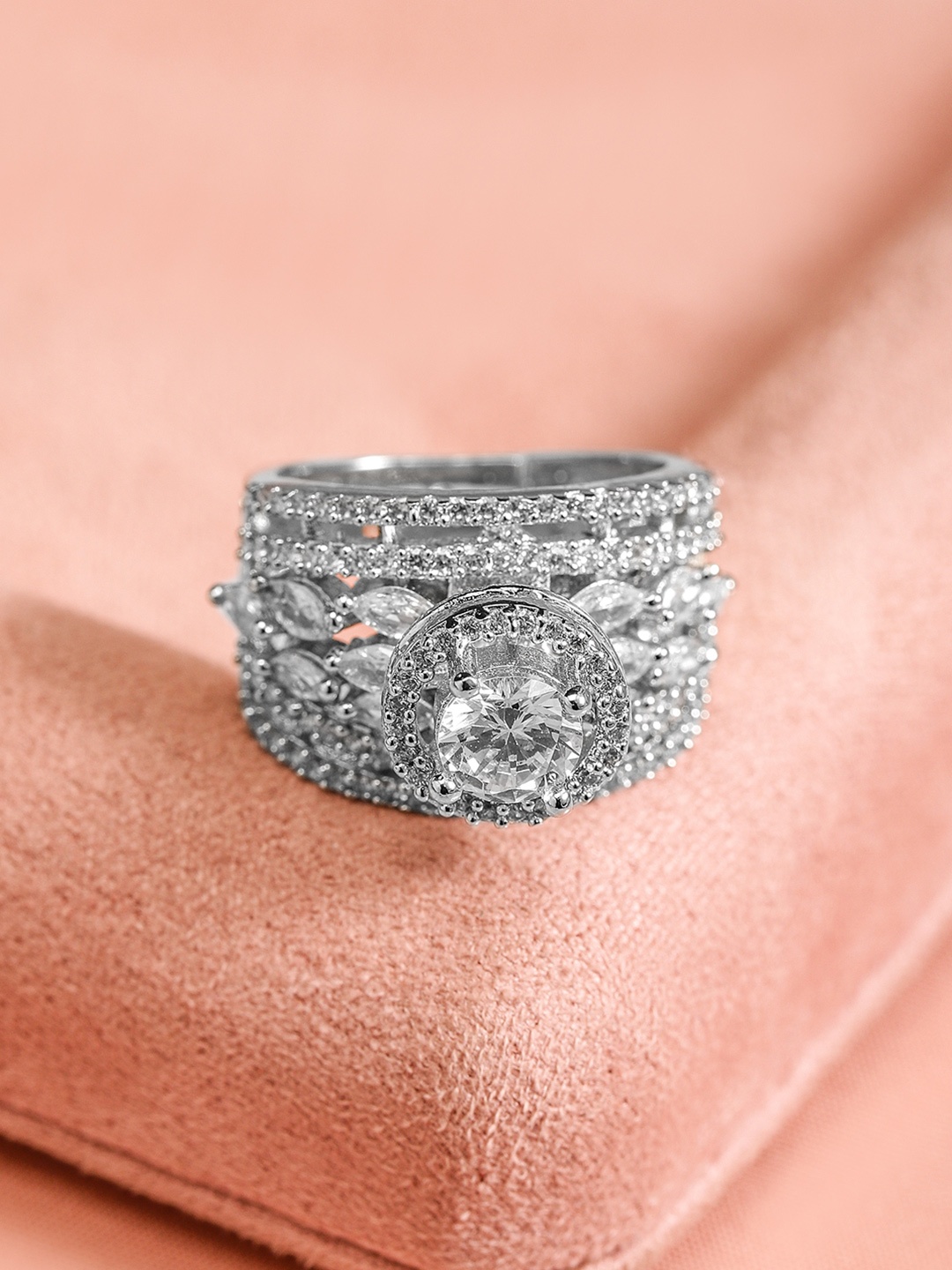 

Rubans Women Rhodium Plated Cubic Zirconia Studded Adjustable Finger Ring, Silver