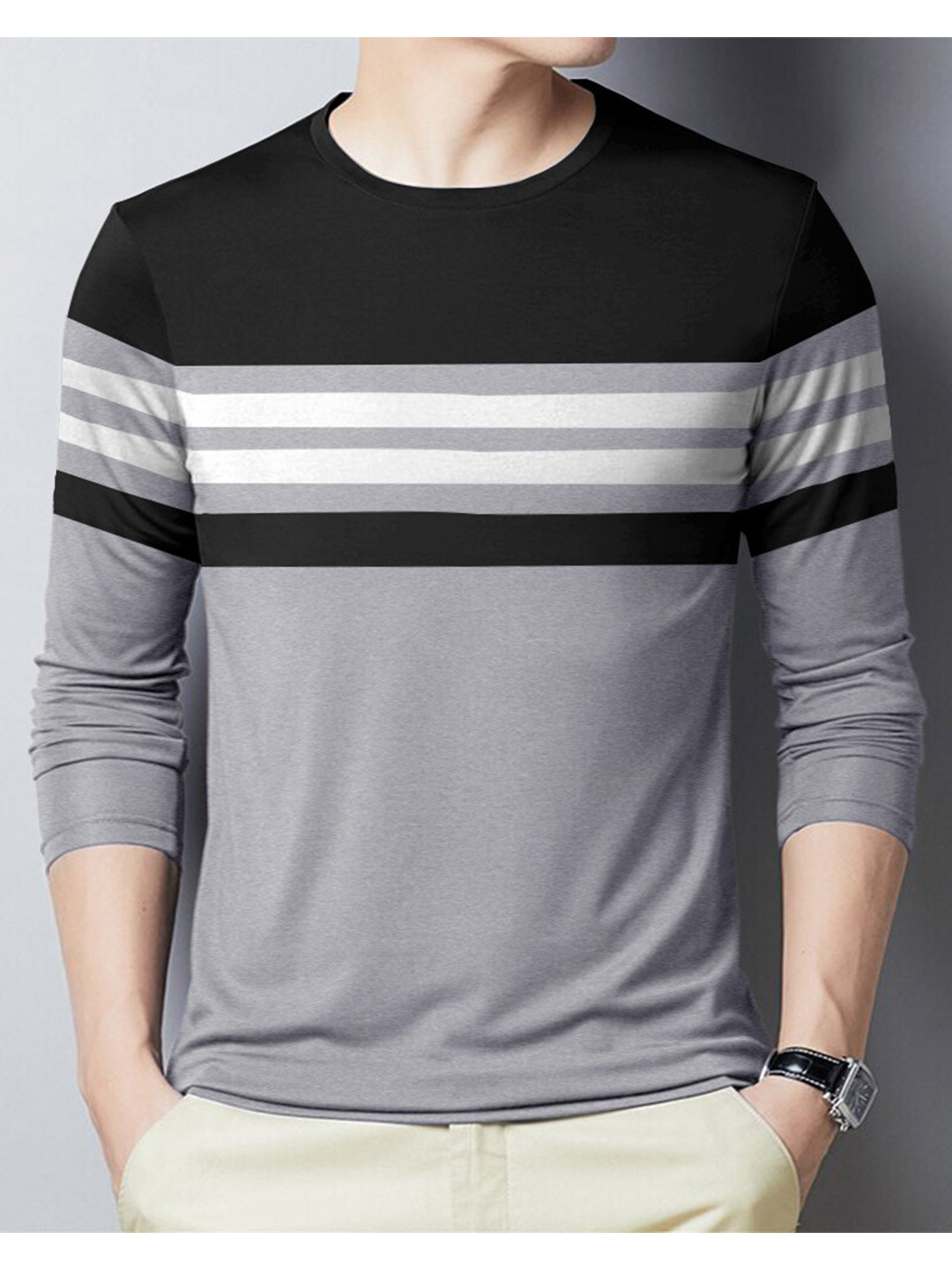 

Eyebogler Striped Round Neck Cotton T-shirt, Grey