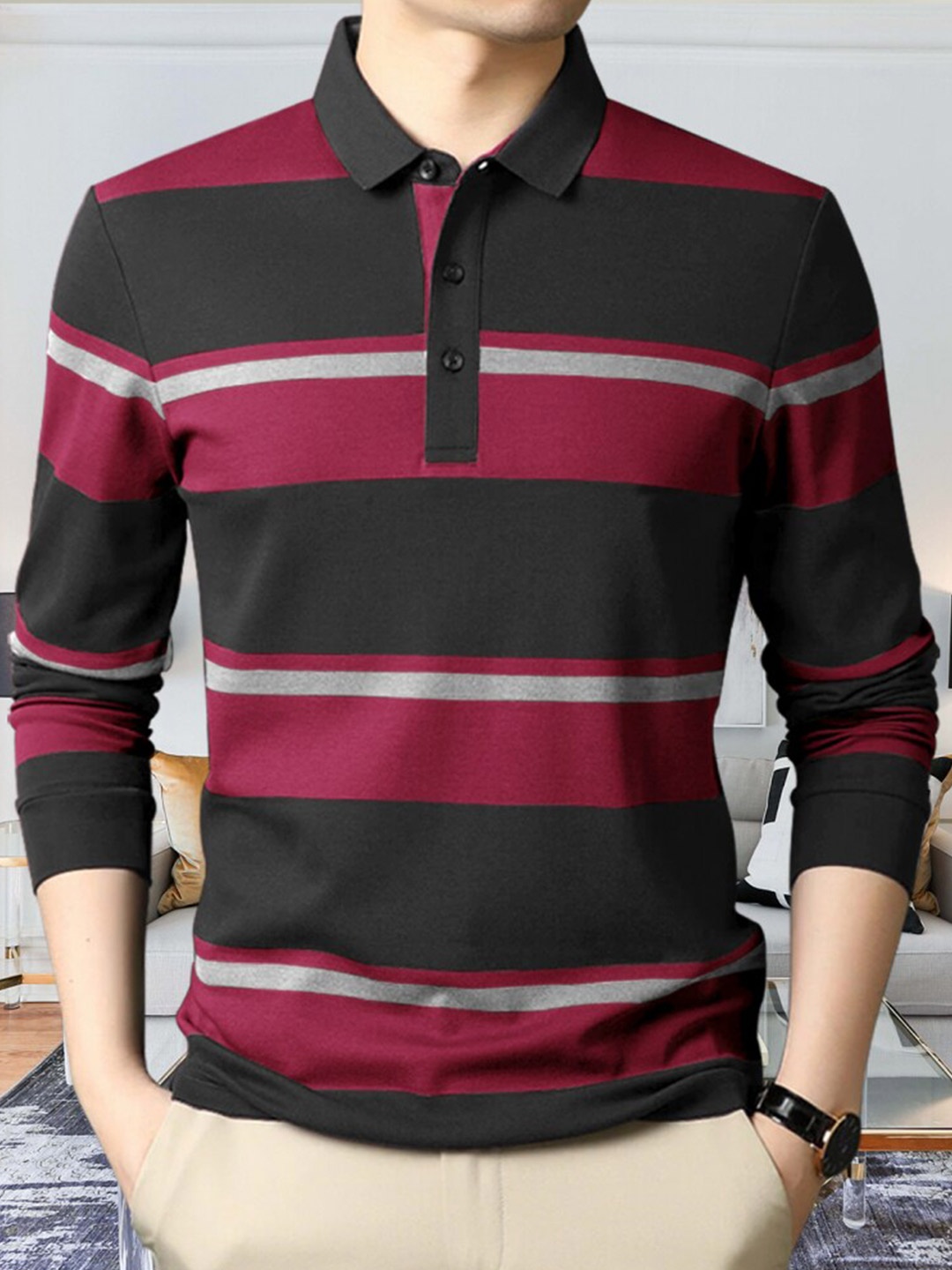 

Eyebogler Striped Polo Collar Cotton T-shirt, Black