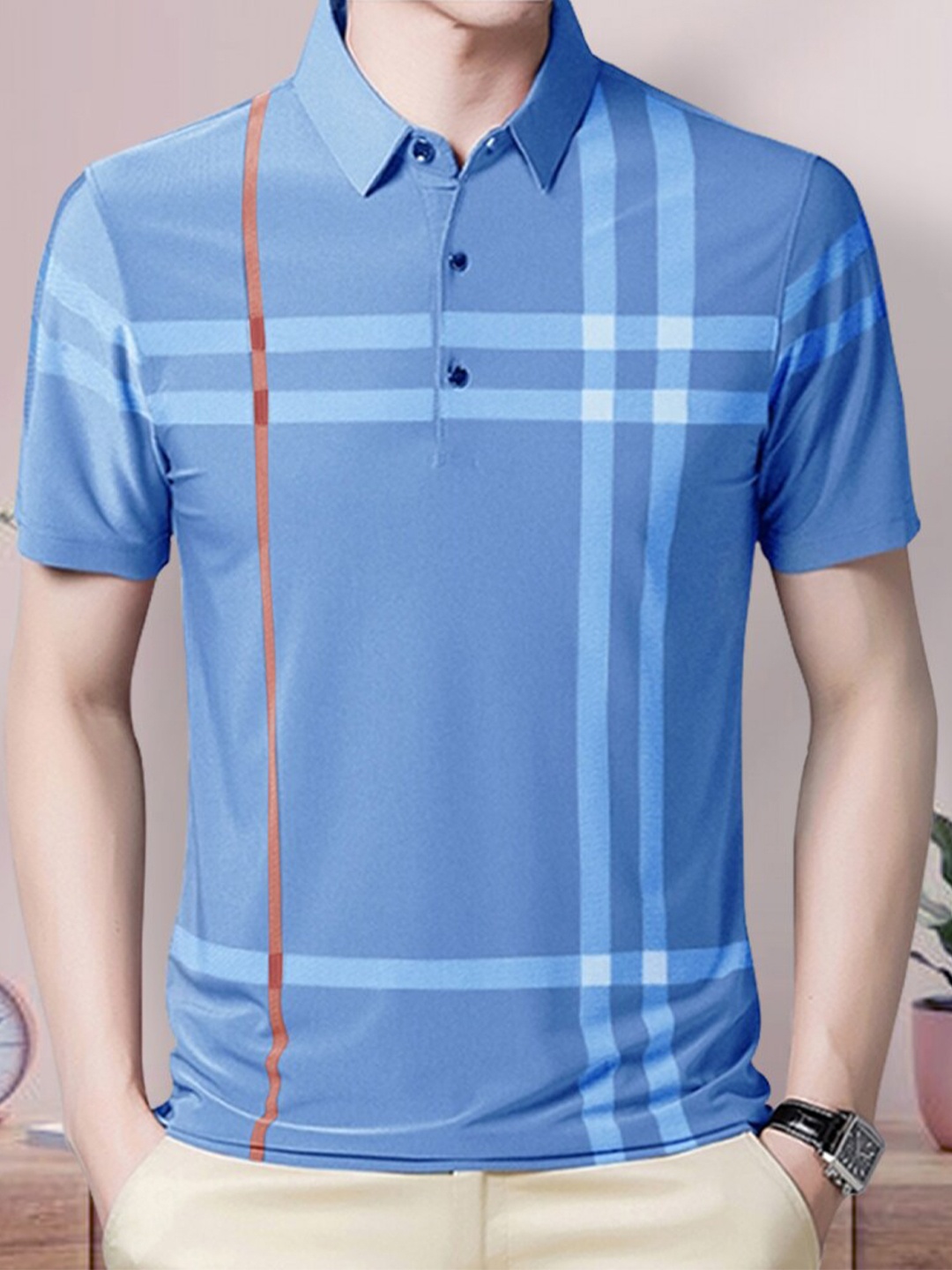 

Eyebogler Checked Polo Collar Cotton T-shirt, Blue