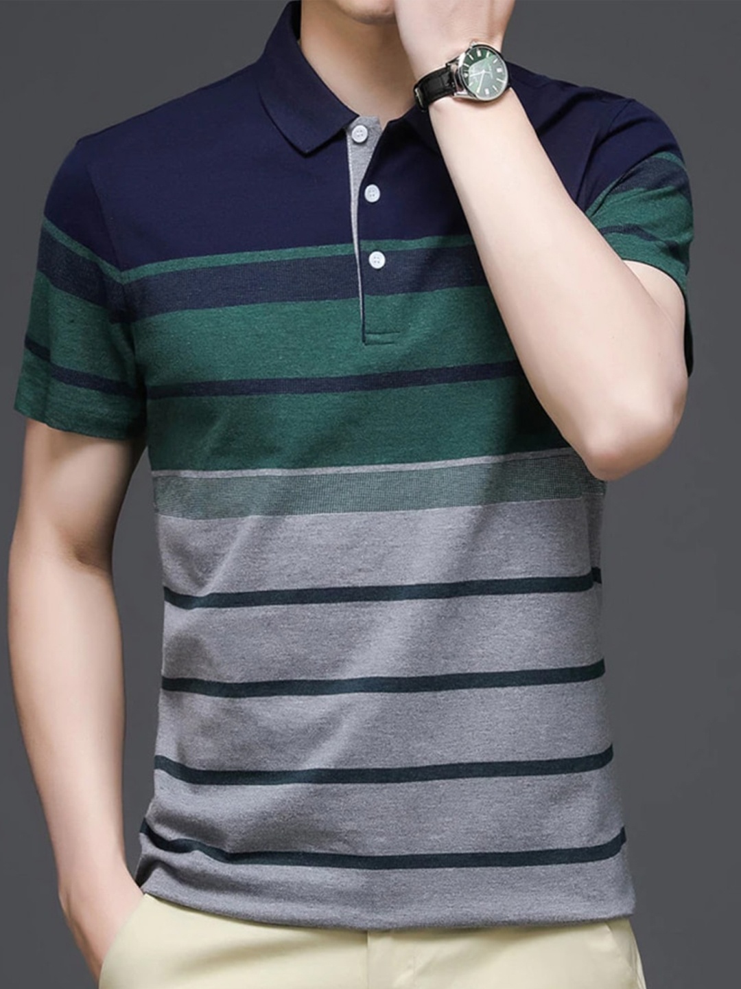 

Eyebogler Striped Polo Collar Cotton T-shirt, Green