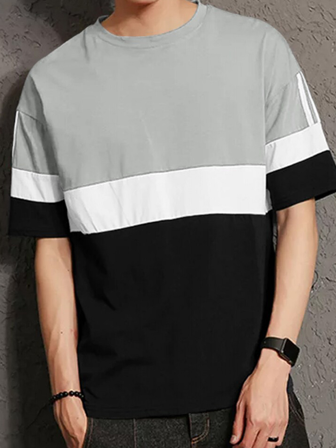 

Eyebogler Round Neck Drop-Shoulder Sleeves Cotton Loose T-shirt, Grey
