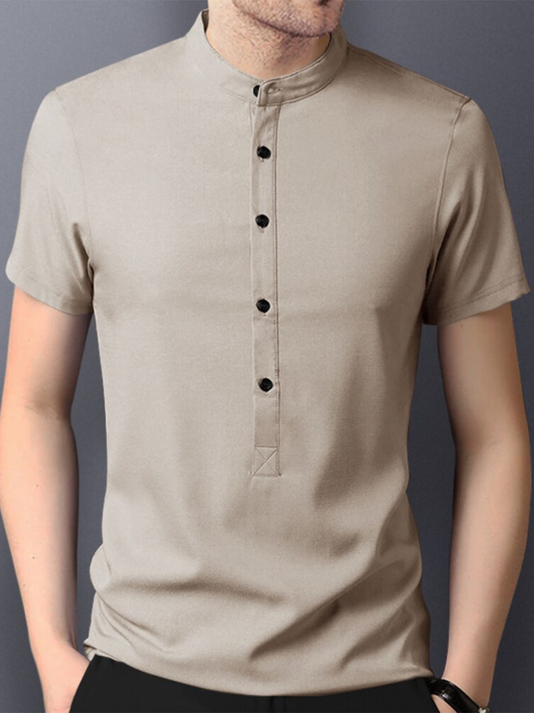 

Eyebogler Mandarin Collar Cotton T-shirt, Beige