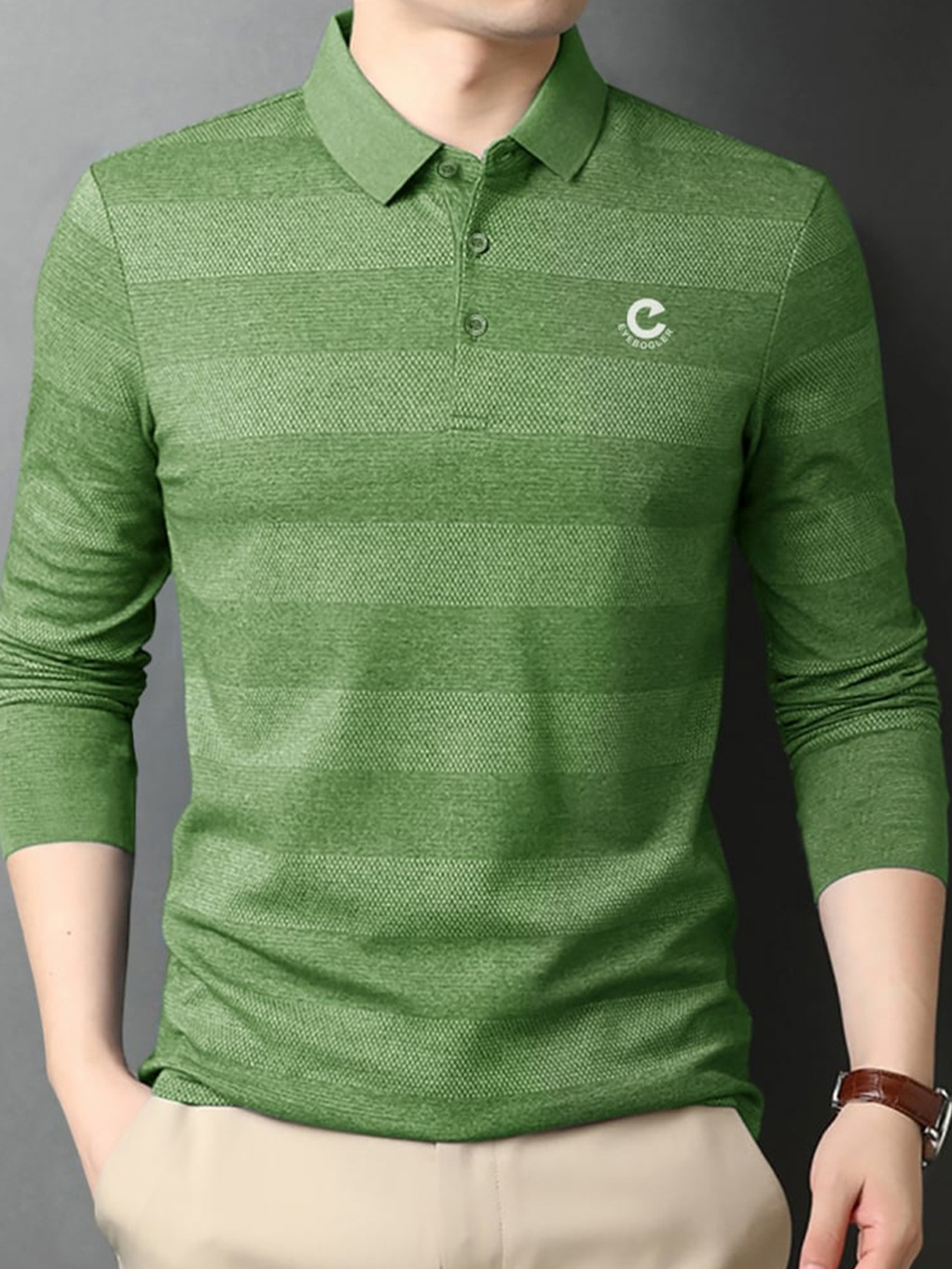 

Eyebogler Striped Polo Collar Cotton T-shirt, Green
