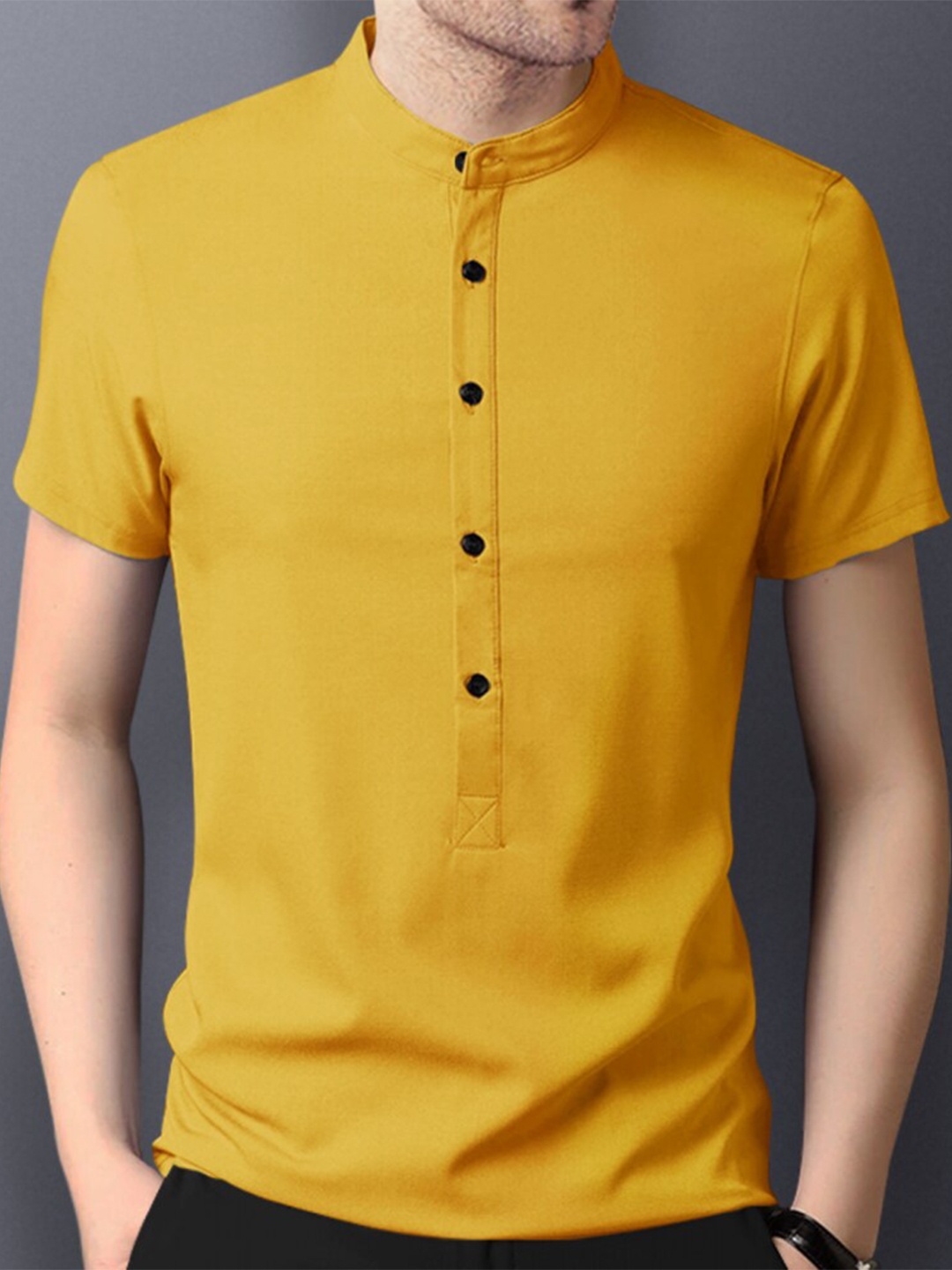 

Eyebogler Mandarin Collar Cotton T-shirt, Mustard