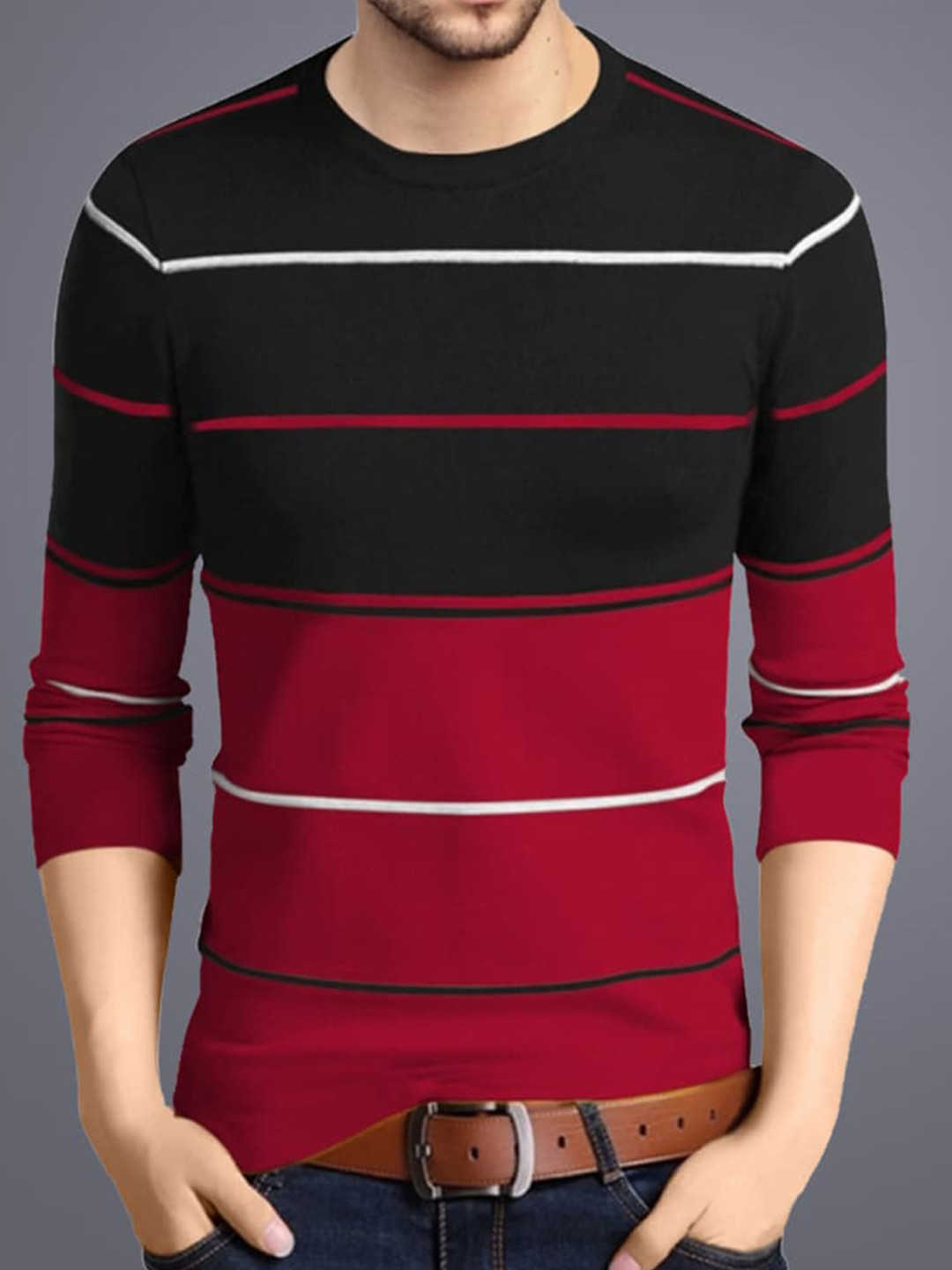

Eyebogler Striped Round Neck Cotton T-shirt, Red