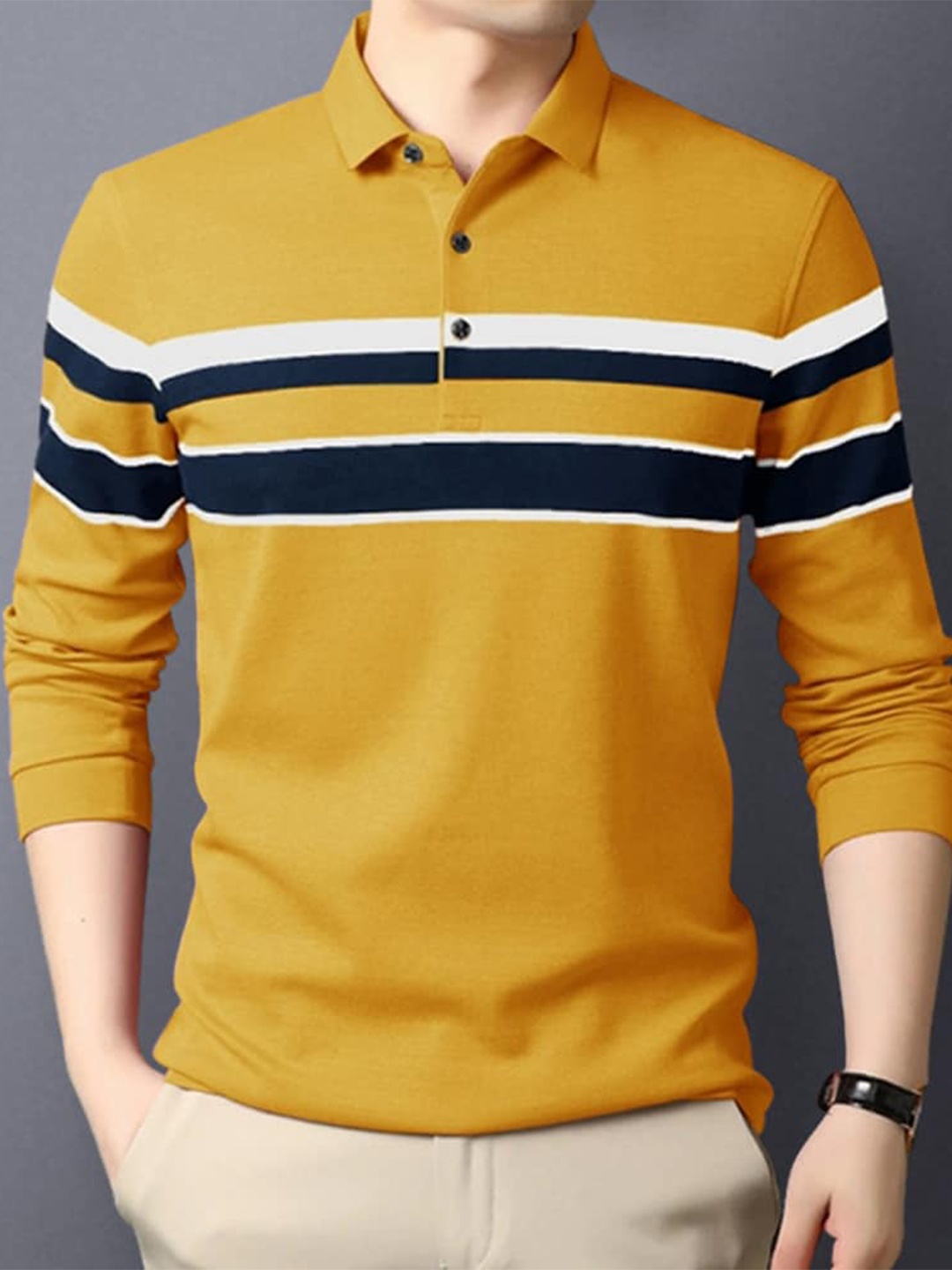 

Eyebogler Striped Polo Collar Long Sleeve Cotton T-shirt, Mustard