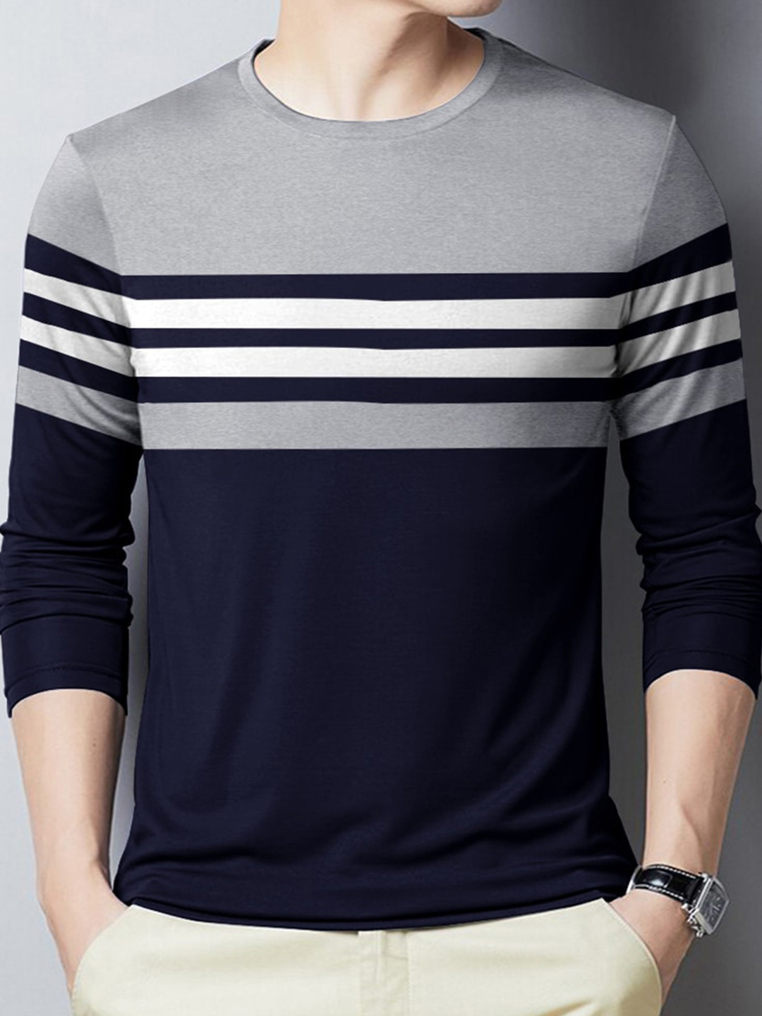 

Eyebogler Striped Round Neck Cotton T-shirt, Navy blue