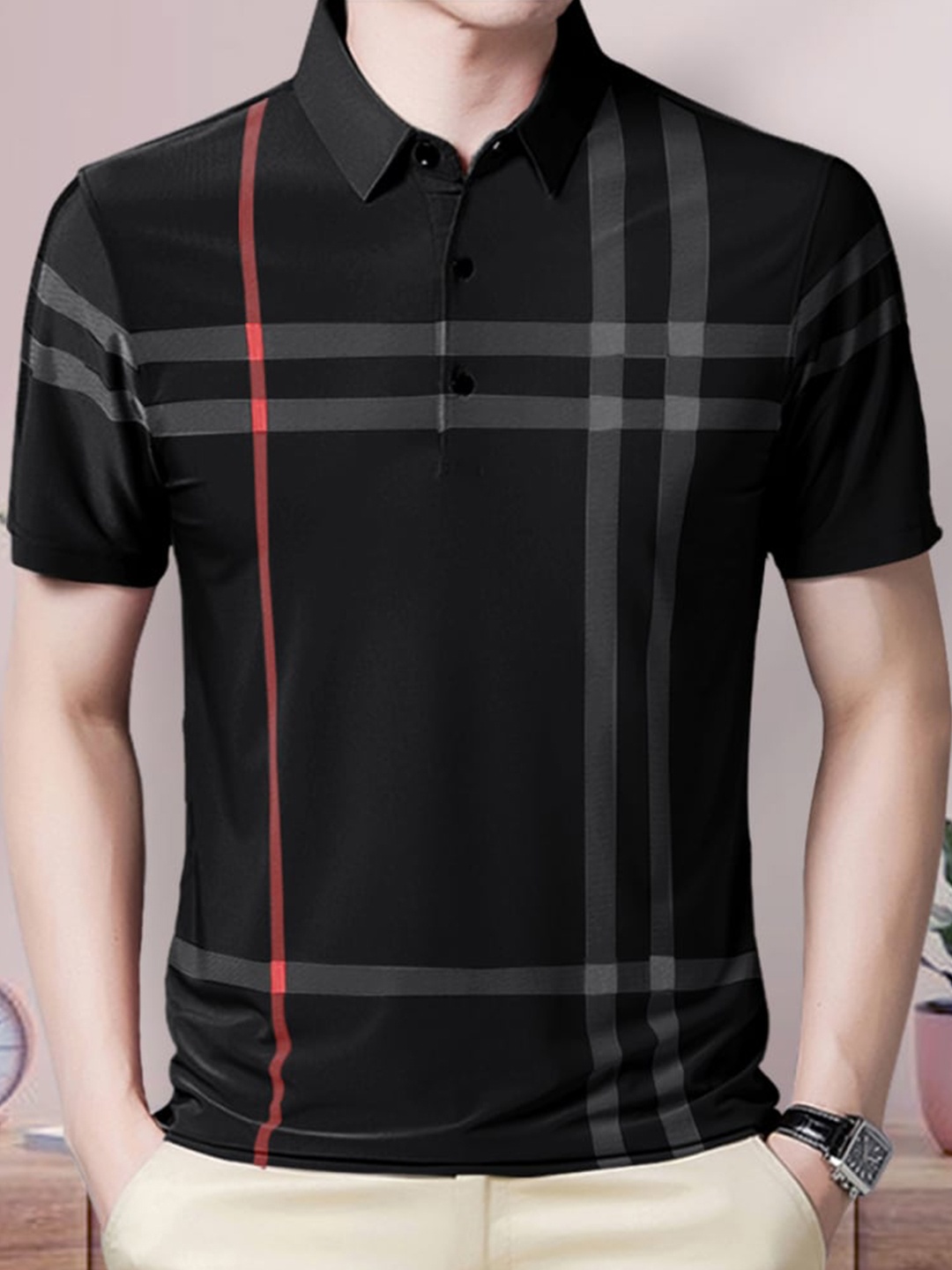 

Eyebogler Checked Polo Collar Cotton T-shirt, Black