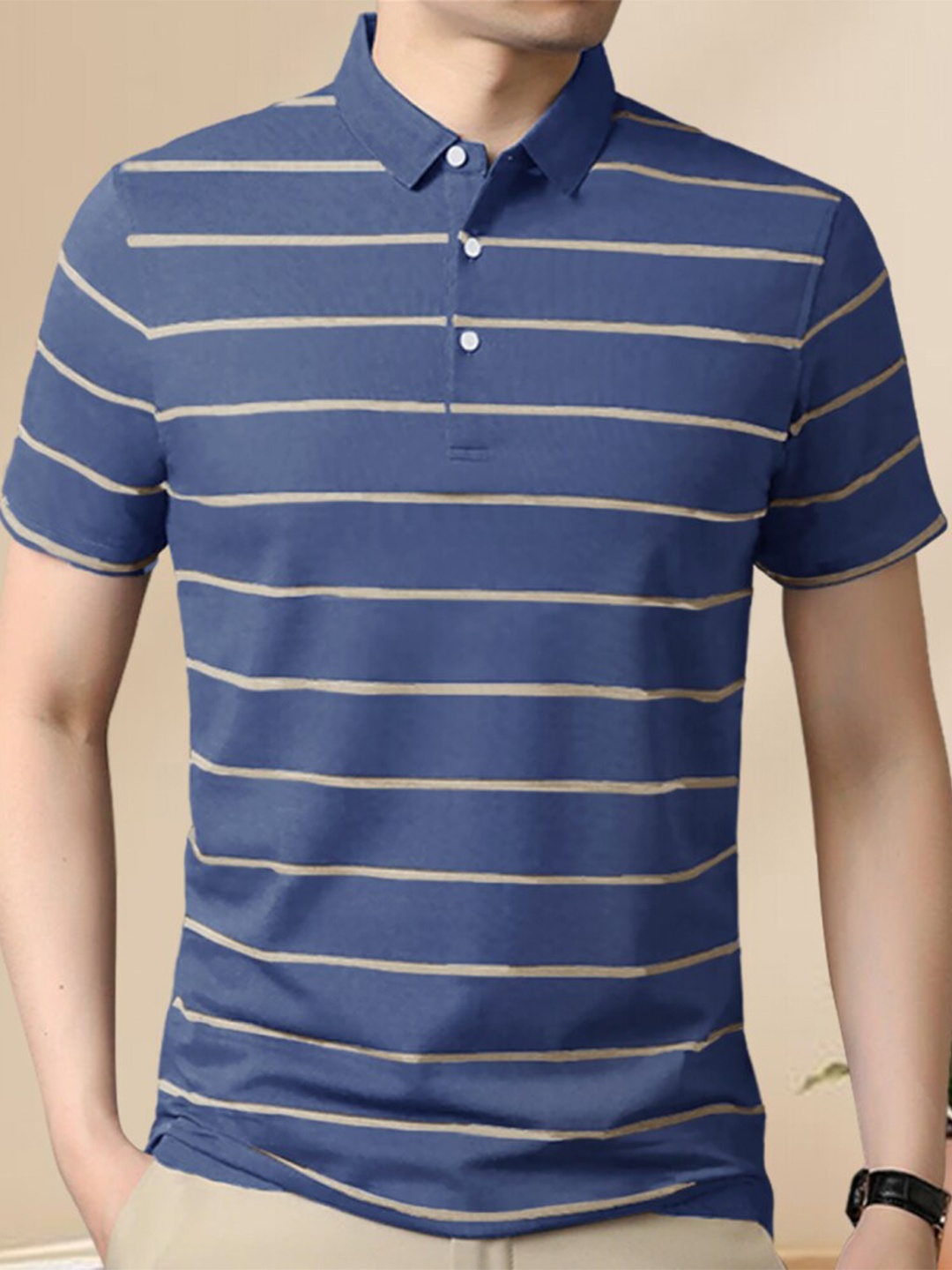 

Eyebogler Striped Polo Collar Cotton T-shirt, Blue