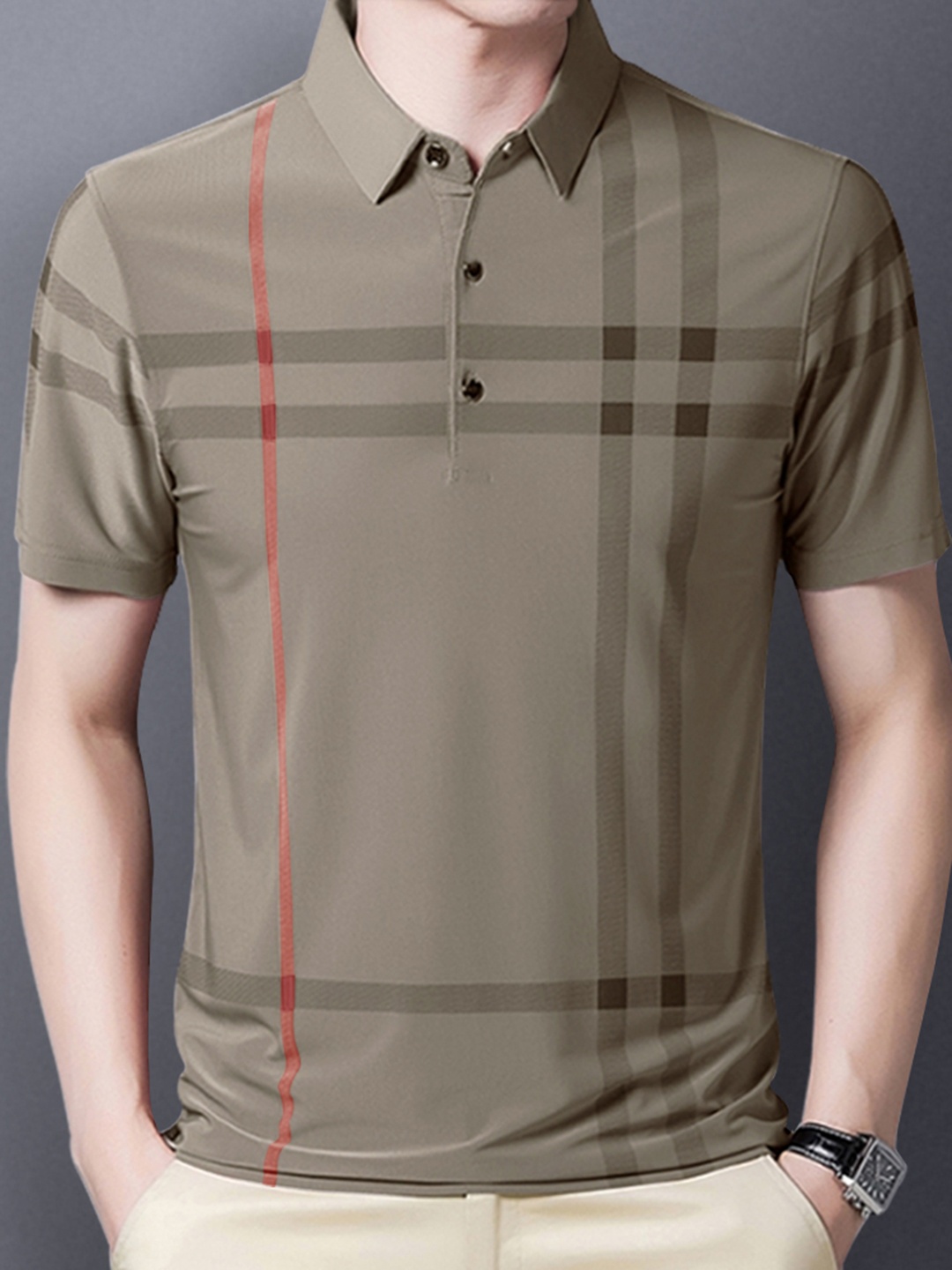 

Eyebogler Striped Polo Collar Cotton T-shirt, Beige