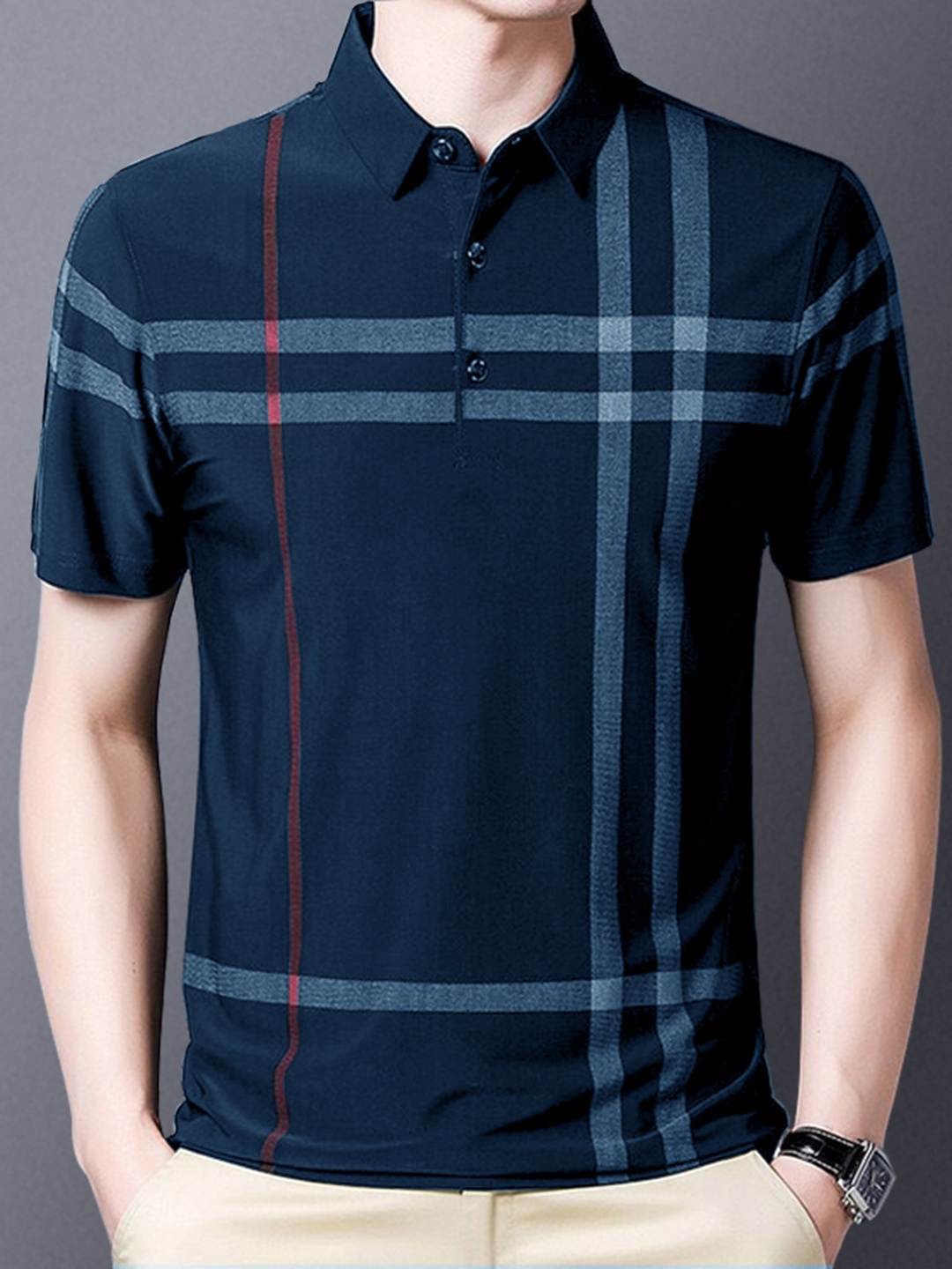 

Eyebogler Striped Polo Collar Cotton T-shirt, Teal