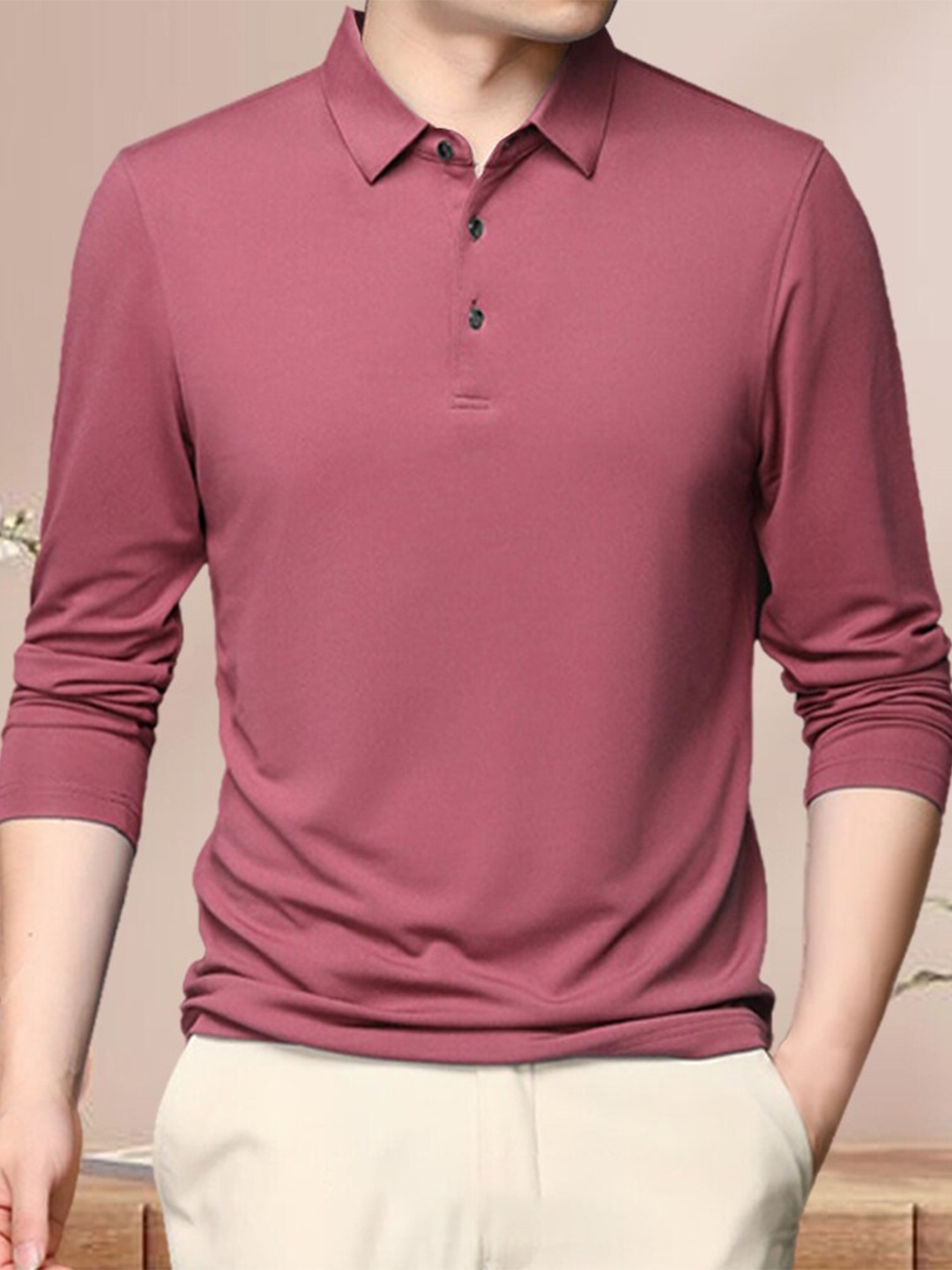 

Eyebogler Polo Collar Long Seeve Cotton T-shirt, Pink