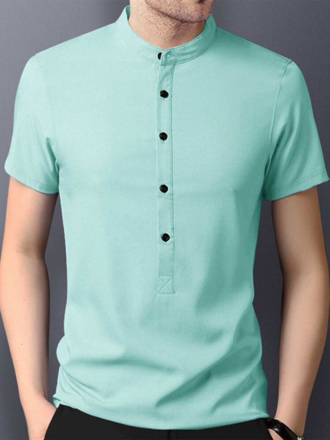 

Eyebogler Mandarin Collar Cotton T-shirt, Sea green