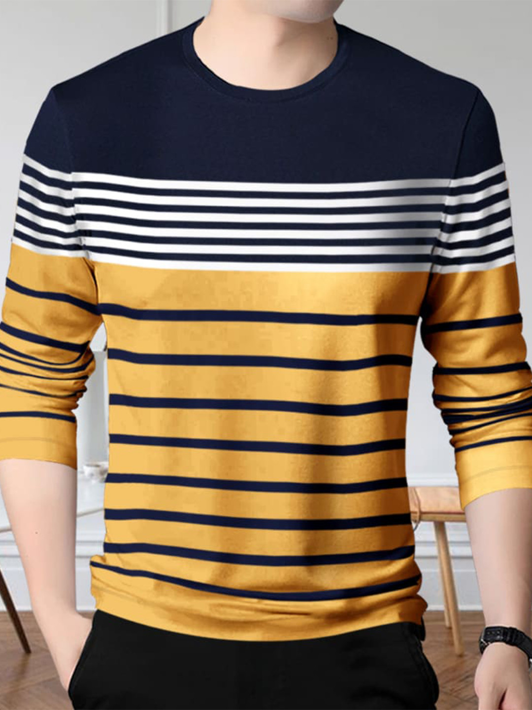 

Eyebogler Striped Long Sleeve Cotton T-shirt, Mustard