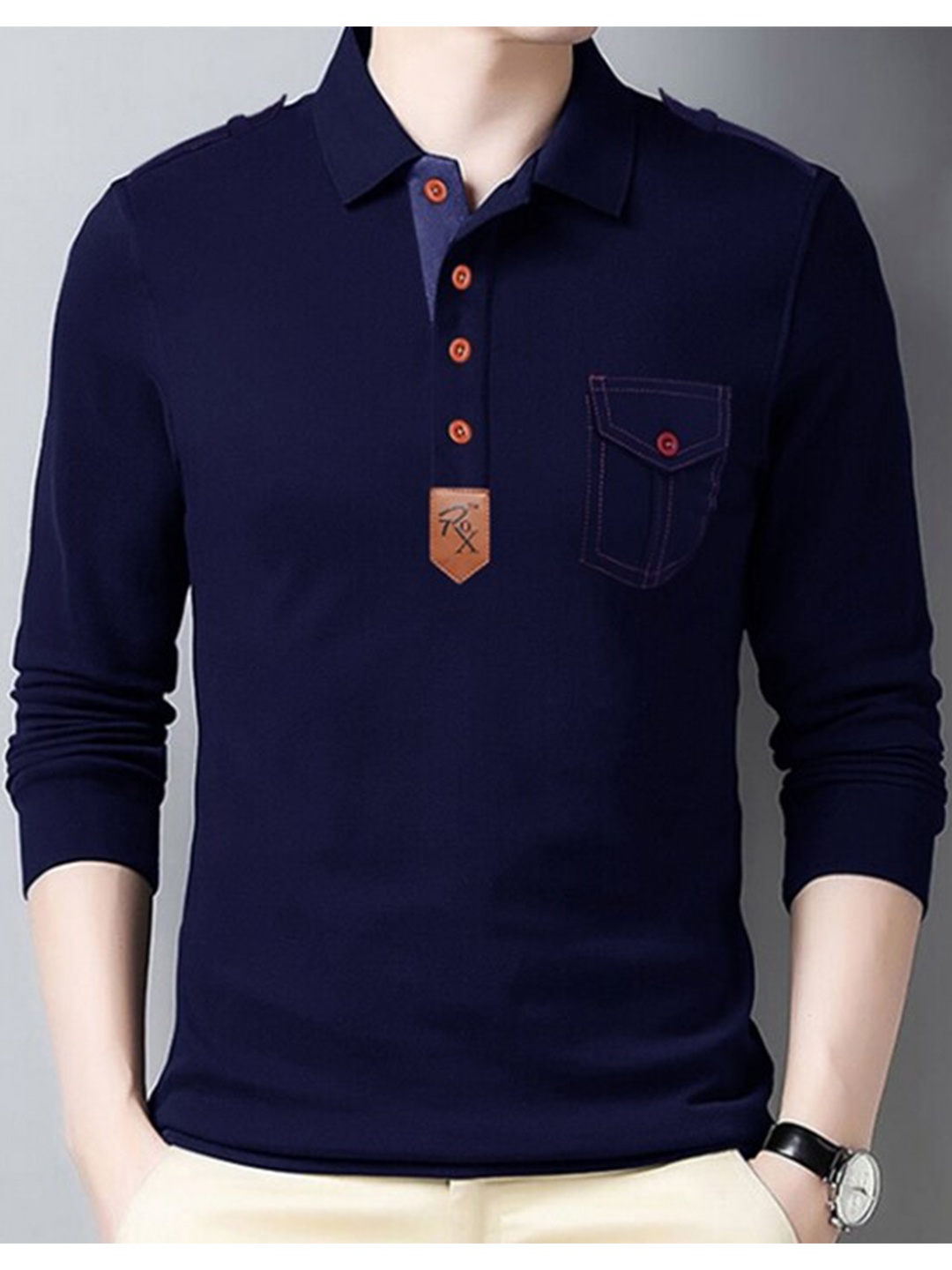 

Eyebogler Polo Collar Long Sleeve Cotton T-shirt, Navy blue