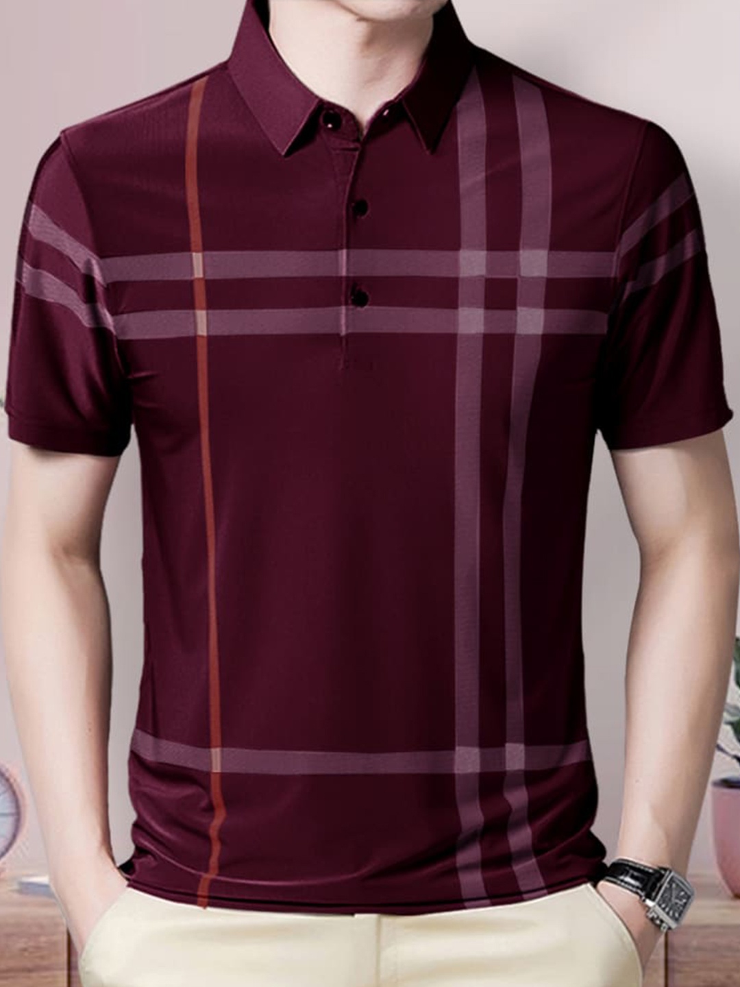 

Eyebogler Checked Polo Collar Cotton T-shirt, Maroon