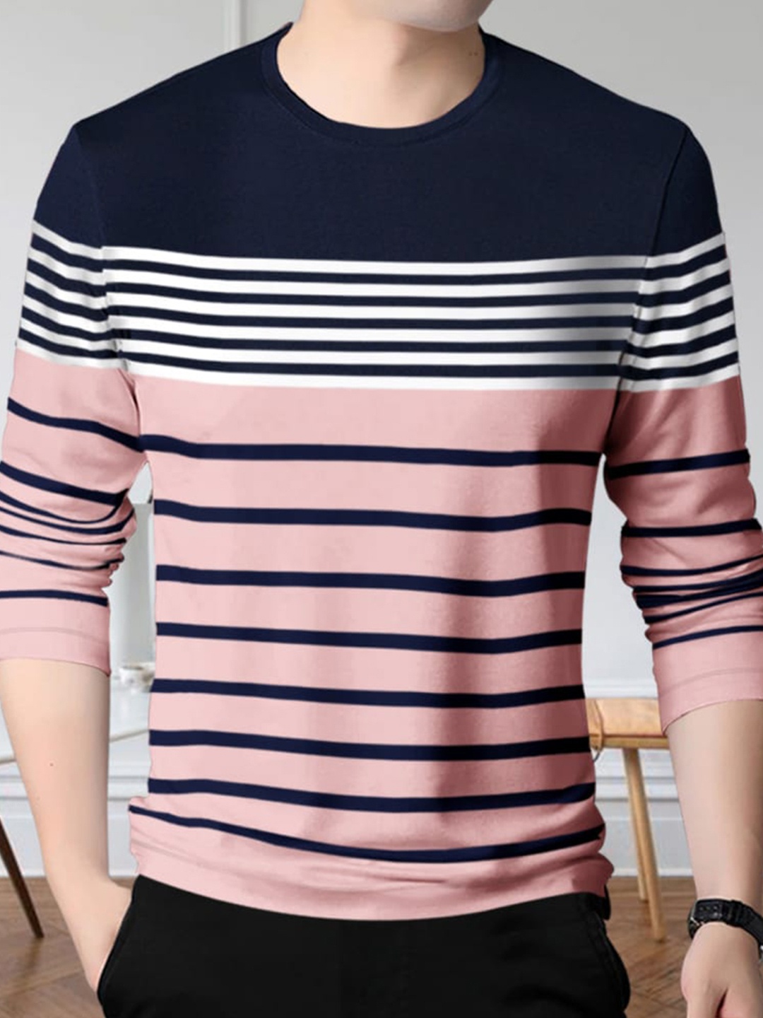 

Eyebogler Striped Round Neck Cotton T-shirt, Pink