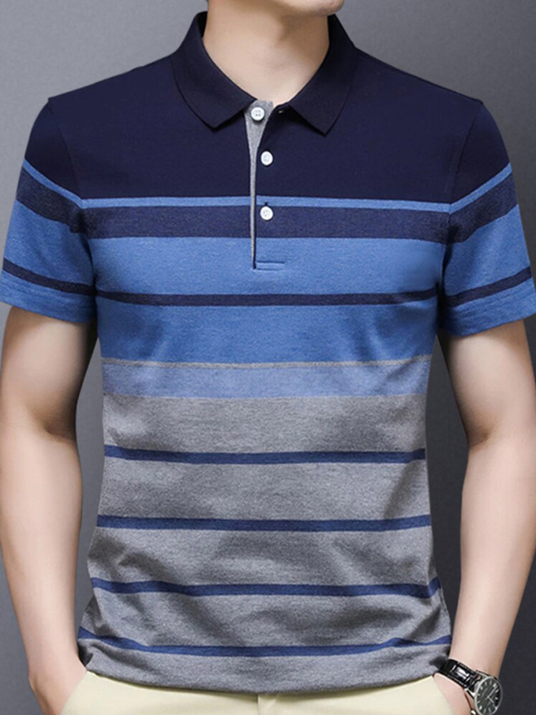 

Eyebogler Striped Polo Collar Cotton T-shirt, Blue