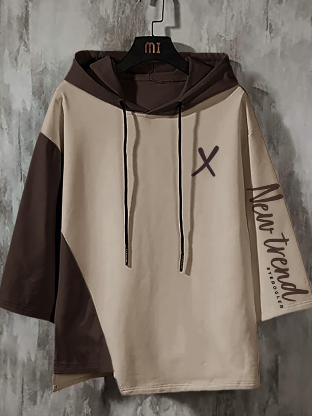 

Eyebogler Typography Printed Hooded Cotton Loose T-shirt, Brown