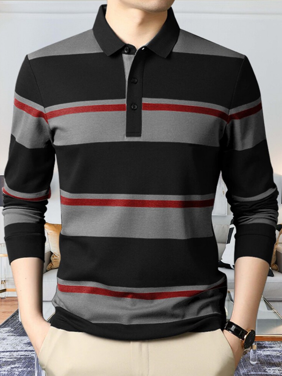 

Eyebogler Striped Polo Collar Cotton T-shirt, Grey