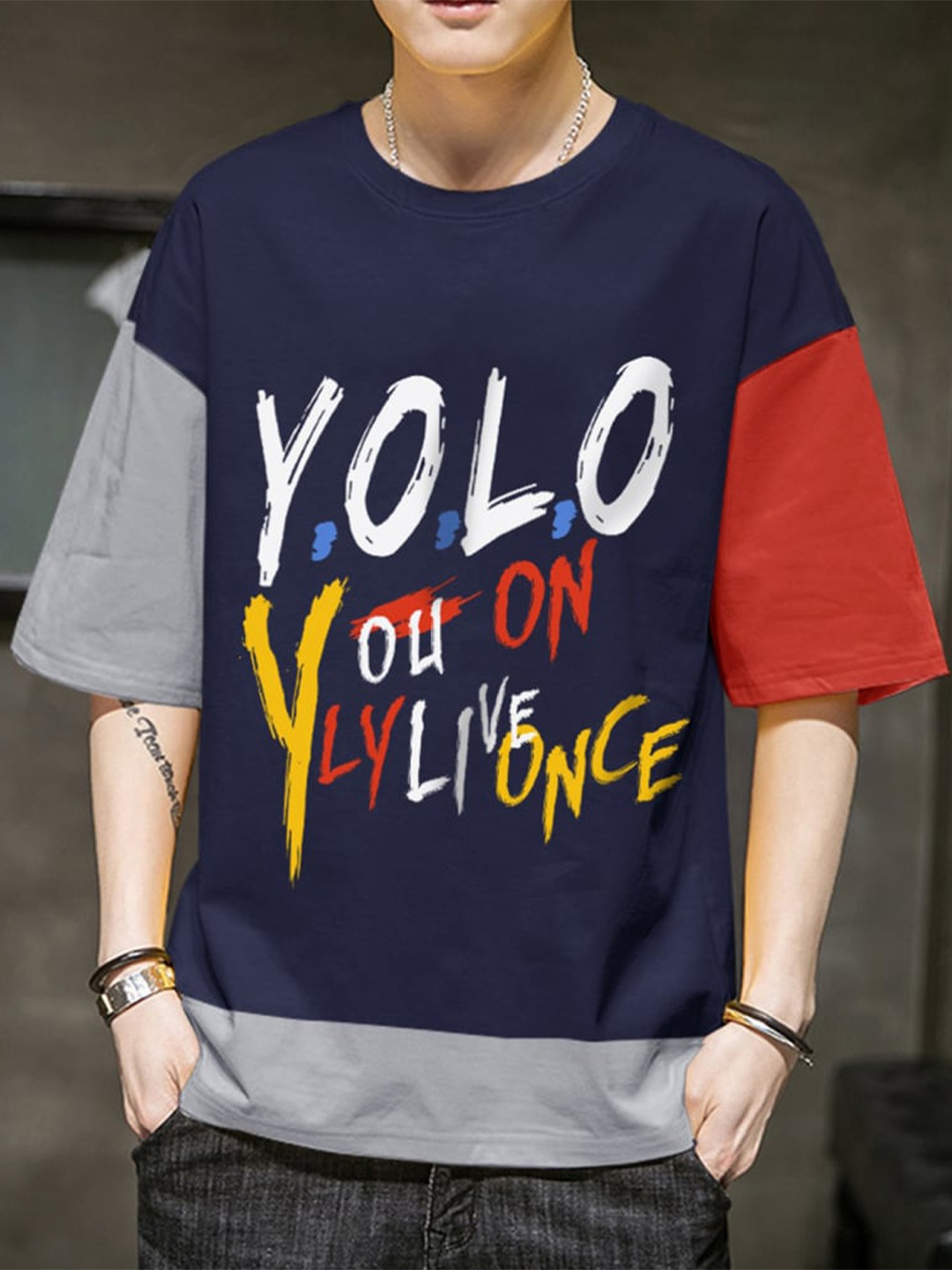 

Eyebogler Typography Printed Drop Shoulder Sleeves Oversized Fit T-shirt, Navy blue