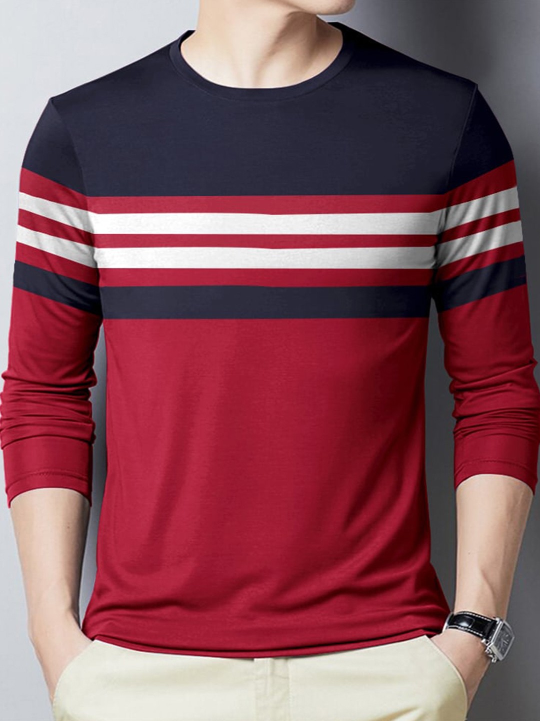 

Eyebogler Colourblocked Long Sleeves Cotton T-shirt, Red