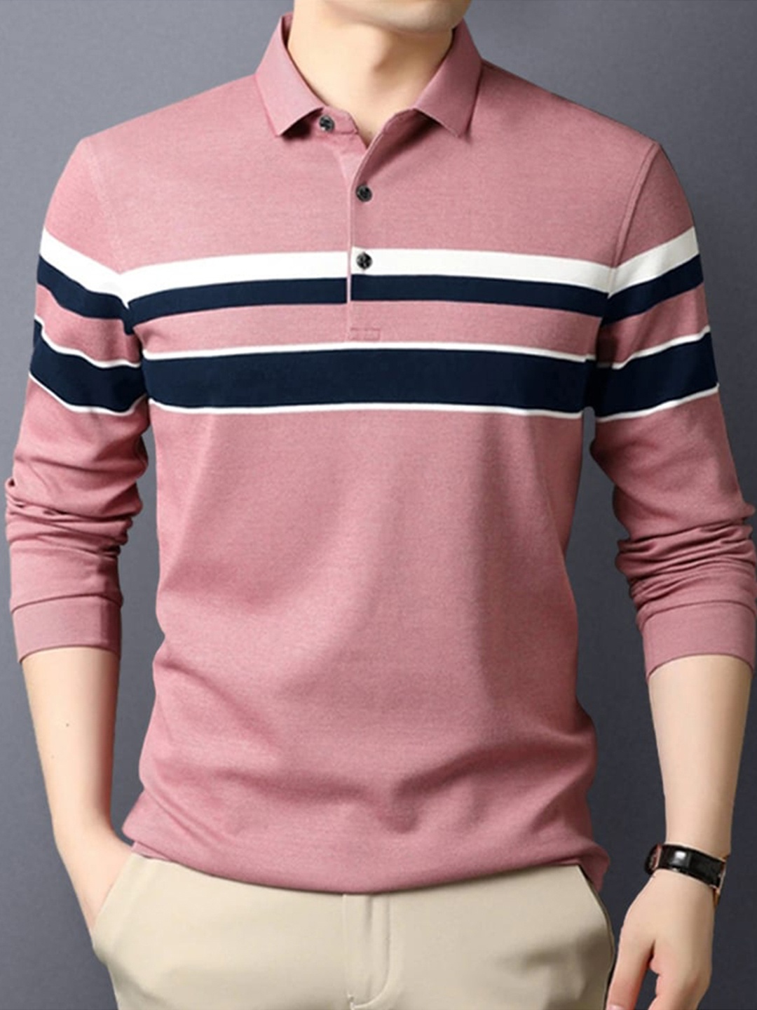 

Eyebogler Striped Polo Collar Cotton T-shirt, Pink