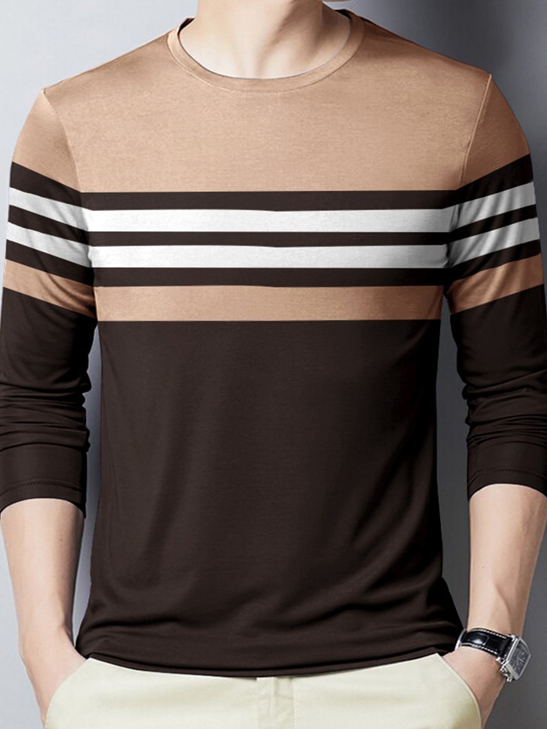 

Eyebogler Striped Round Neck Cotton T-shirt, Brown