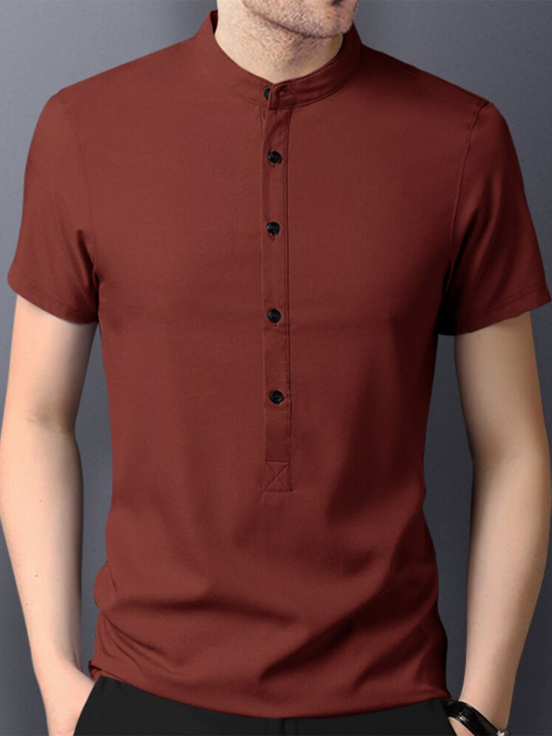 

Eyebogler Mandarin Collar Cotton T-shirt, Rust