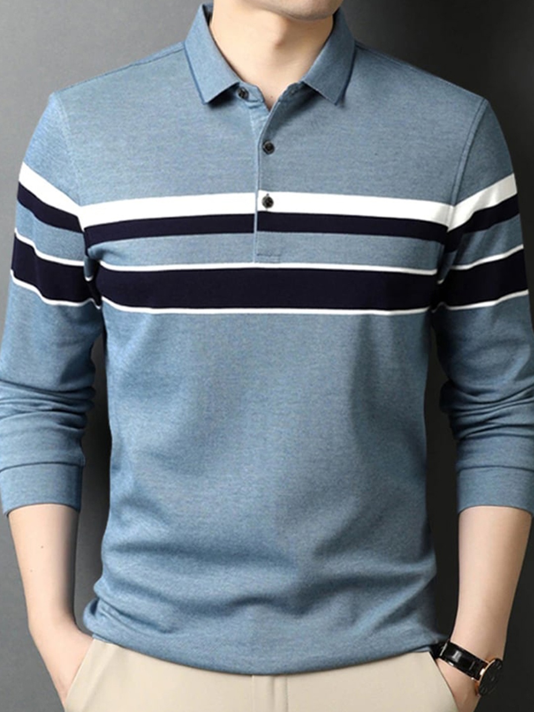 

Eyebogler Striped Polo Collar Cotton T-shirt, Blue