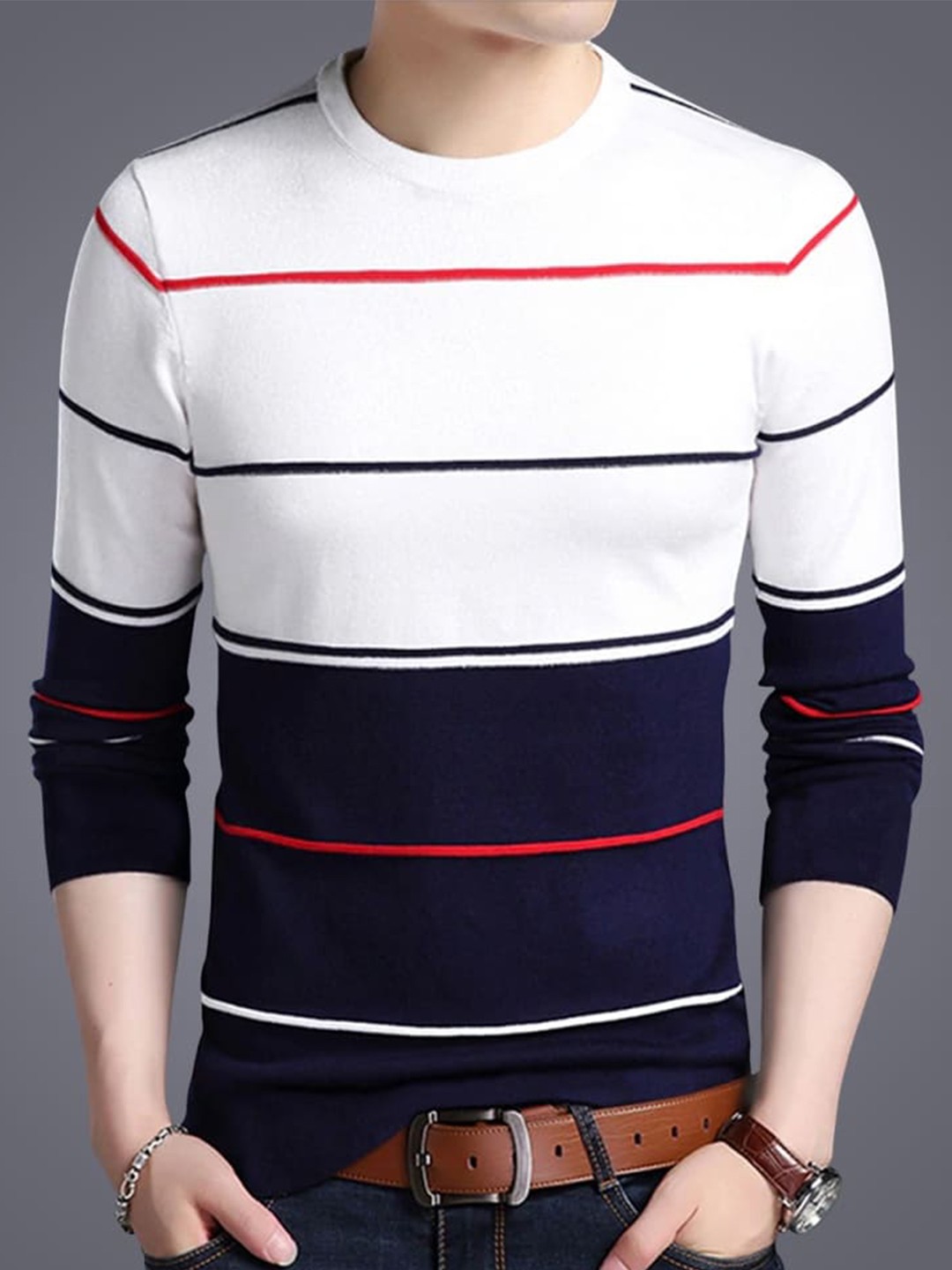 

Eyebogler Striped Long Sleeves Cotton T-shirt, White