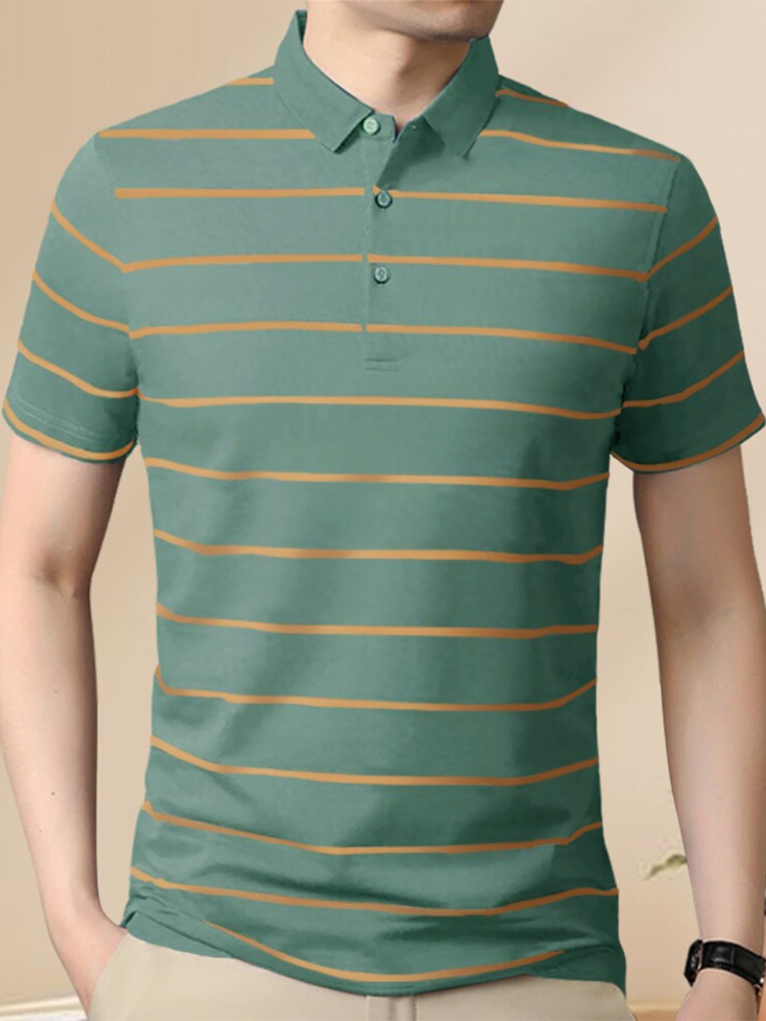 

Eyebogler Striped Polo Collar Cotton T-shirt, Green