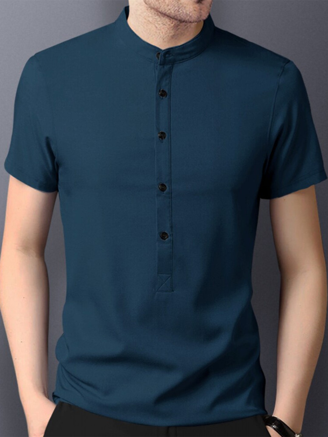 

Eyebogler Mandarin Collar Cotton T-shirt, Teal