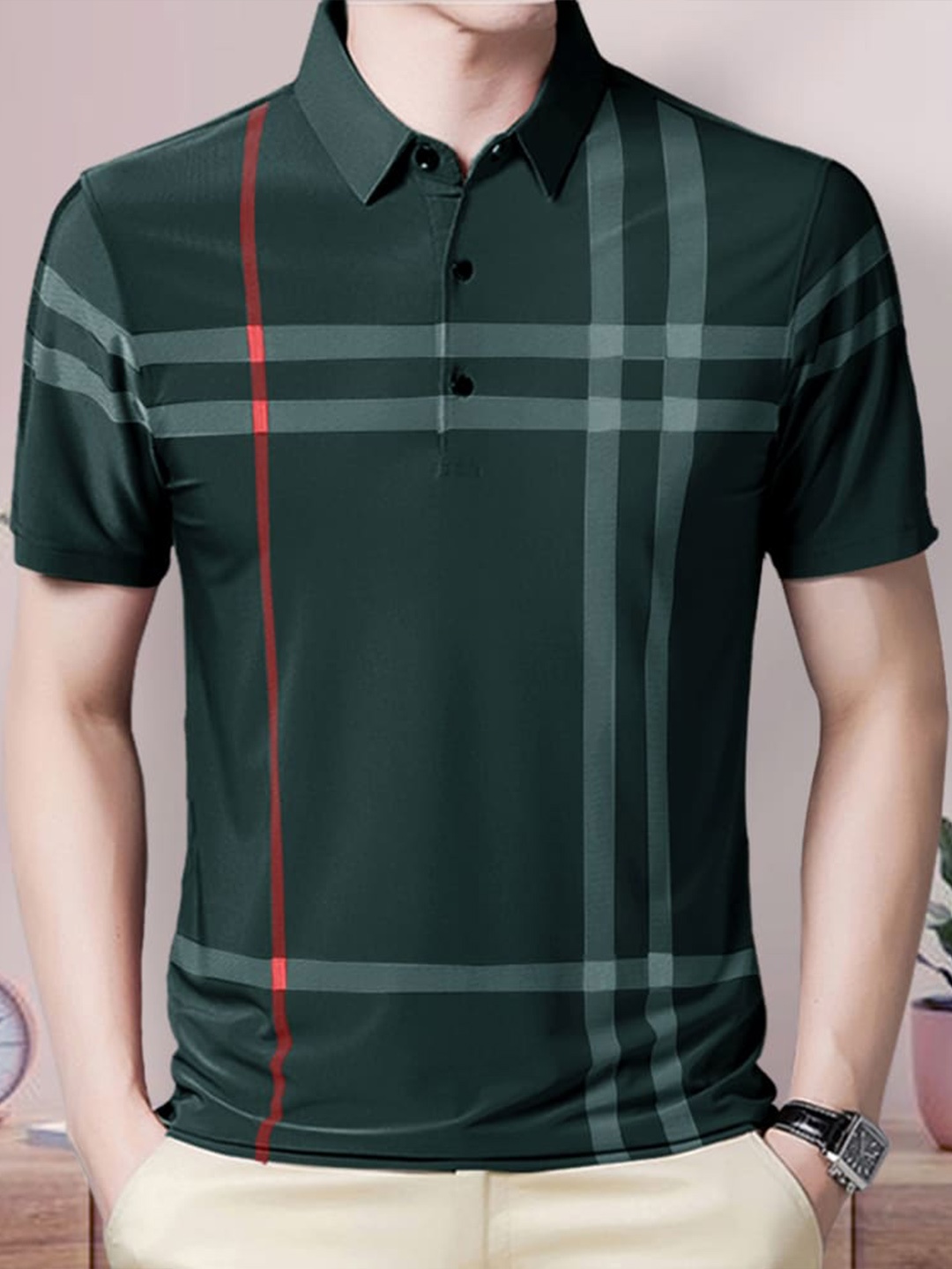 

Eyebogler Checked Polo Collar Cotton T-shirt, Green