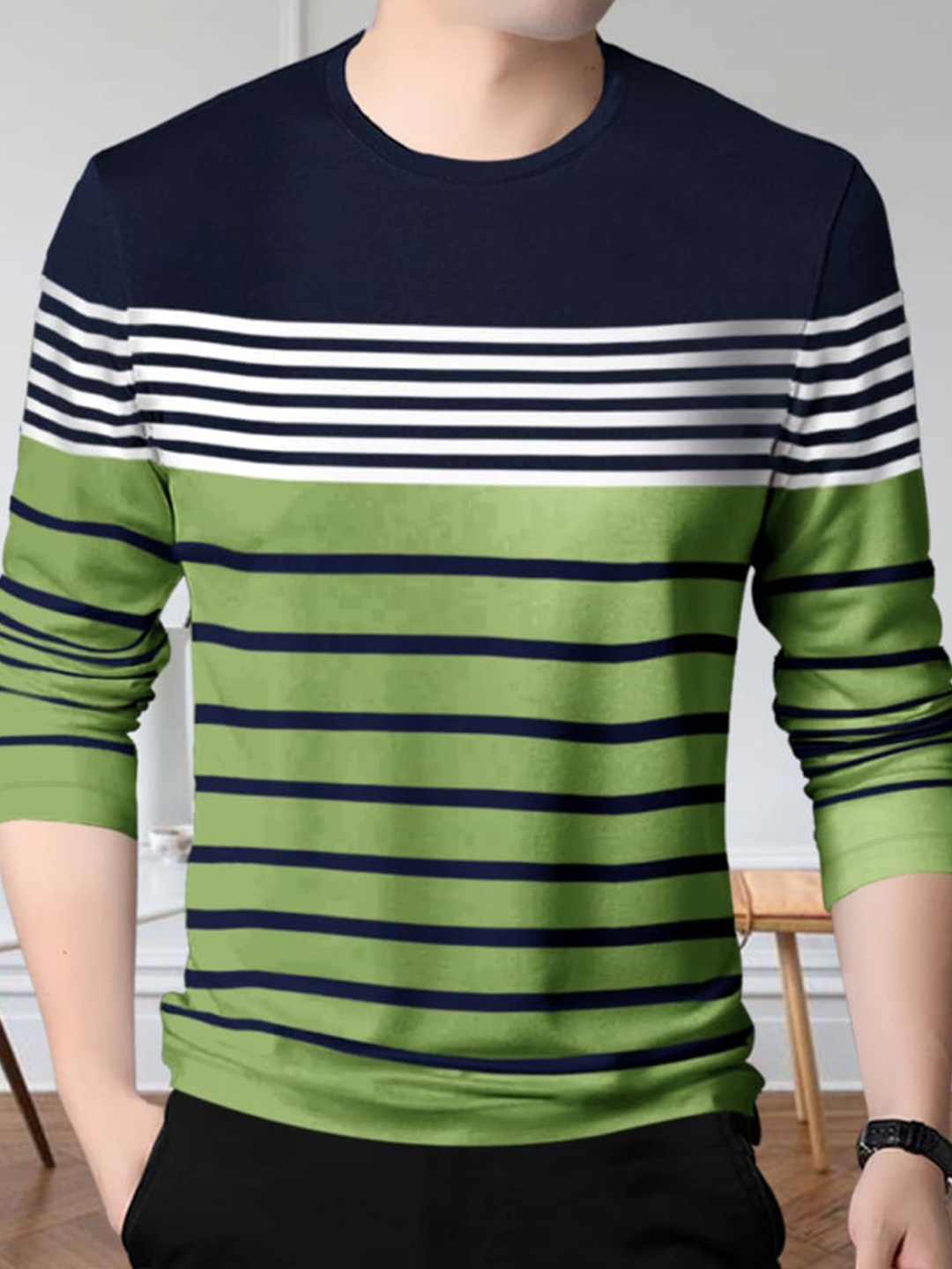 

Eyebogler Striped Long Sleeves Cotton T-shirt, Green