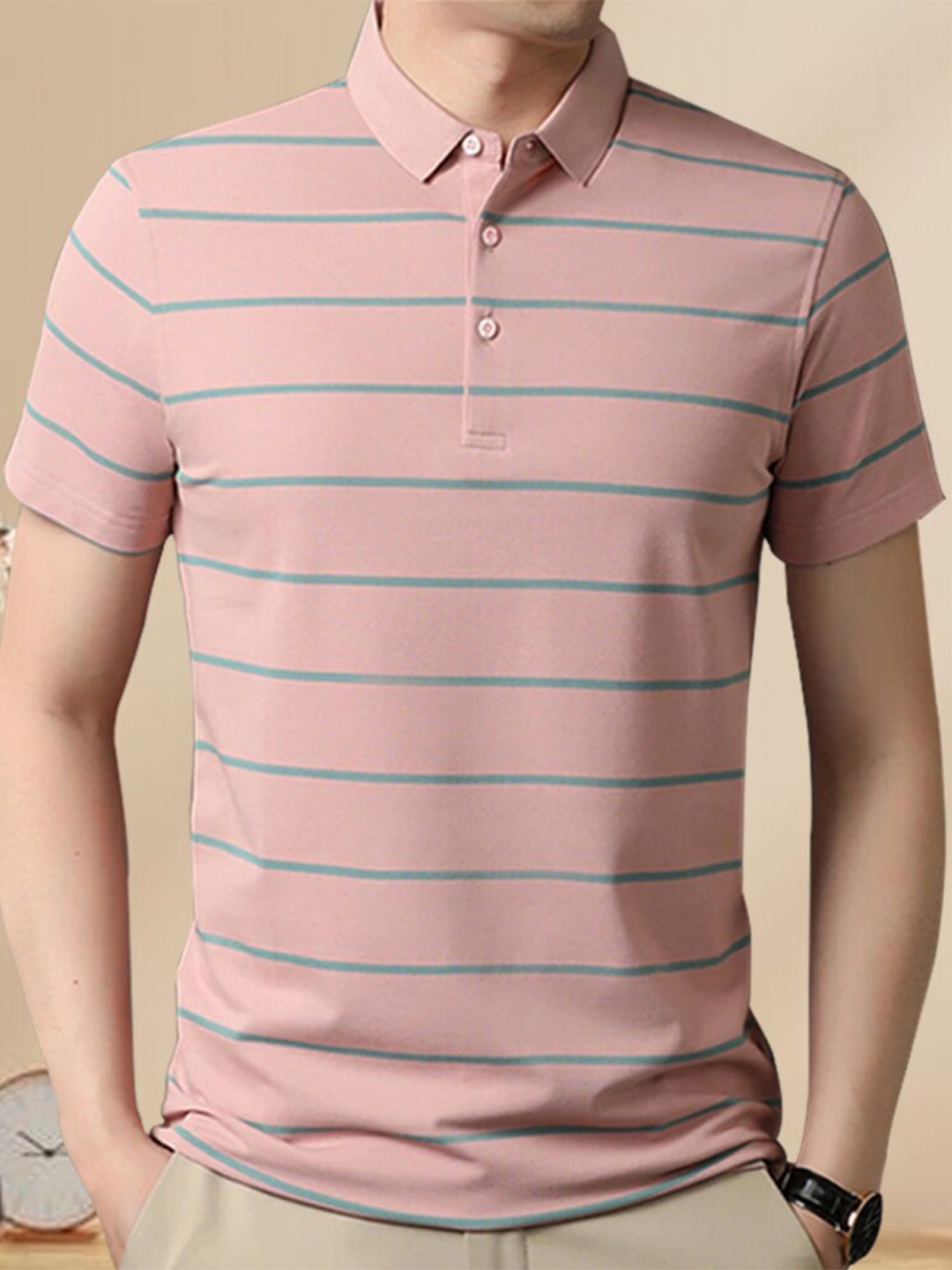 

Eyebogler Striped Polo Collar Cotton T-shirt, Pink