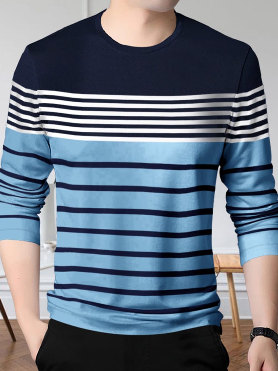 

Eyebogler Striped Round Neck Cotton T-shirt, Blue