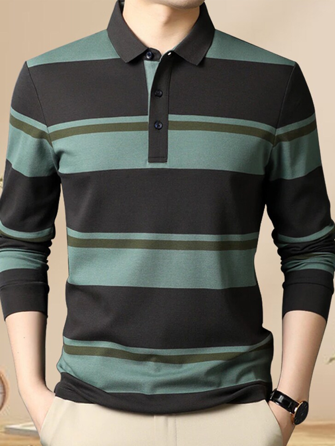 

Eyebogler Striped Polo Collar Cotton T-shirt, Green