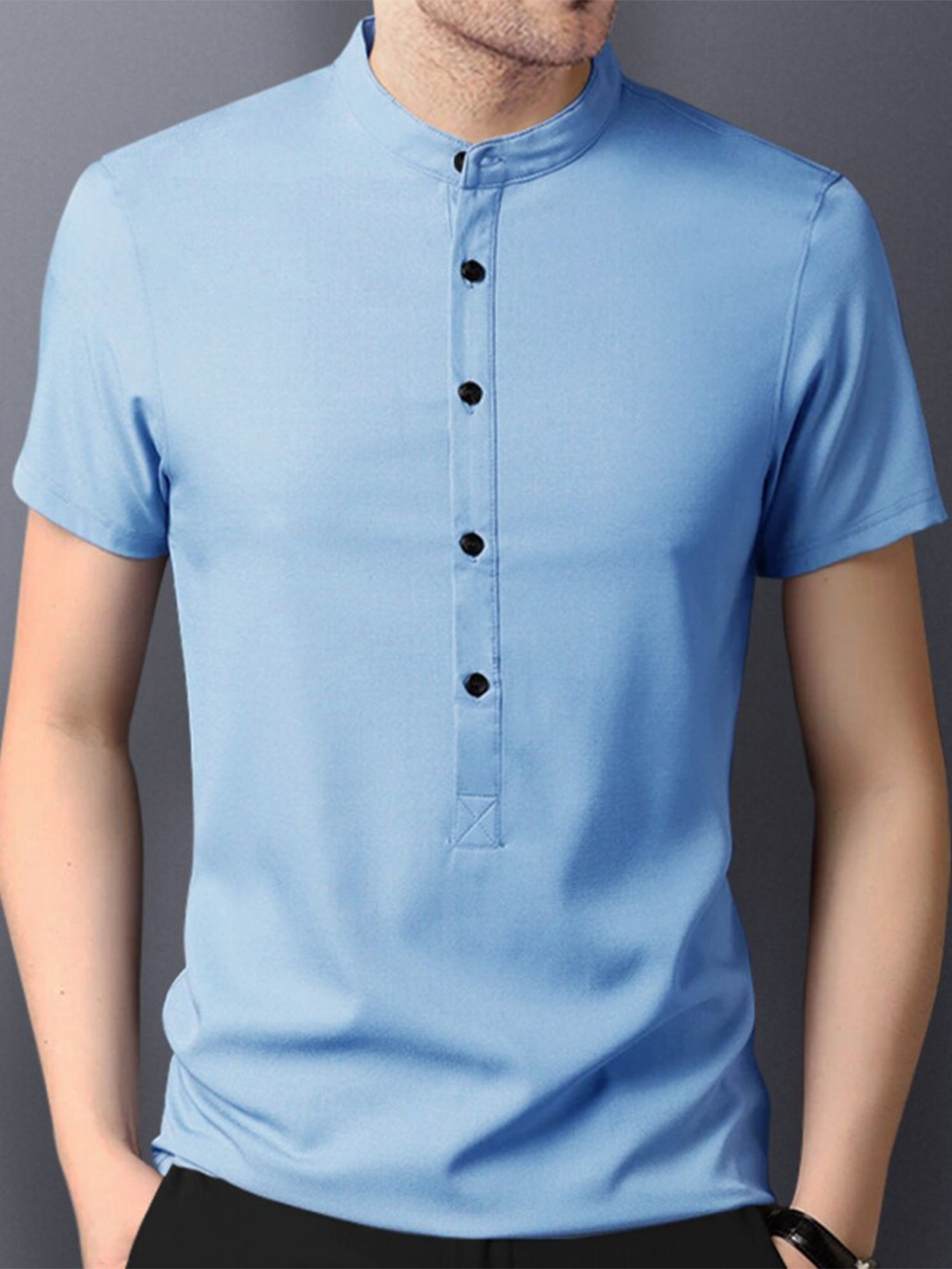 

Eyebogler Mandarin Collar Cotton T-shirt, Blue