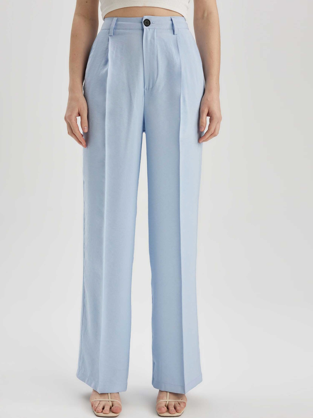 

DeFacto Women Mid-Rise Pleated Parallel Trousers, Blue