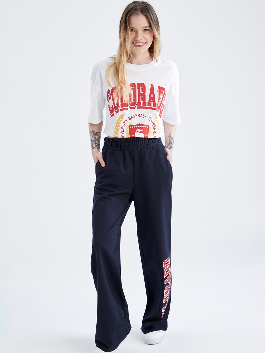 

DeFacto Women Typography Printed Bootcut Trousers, Navy blue